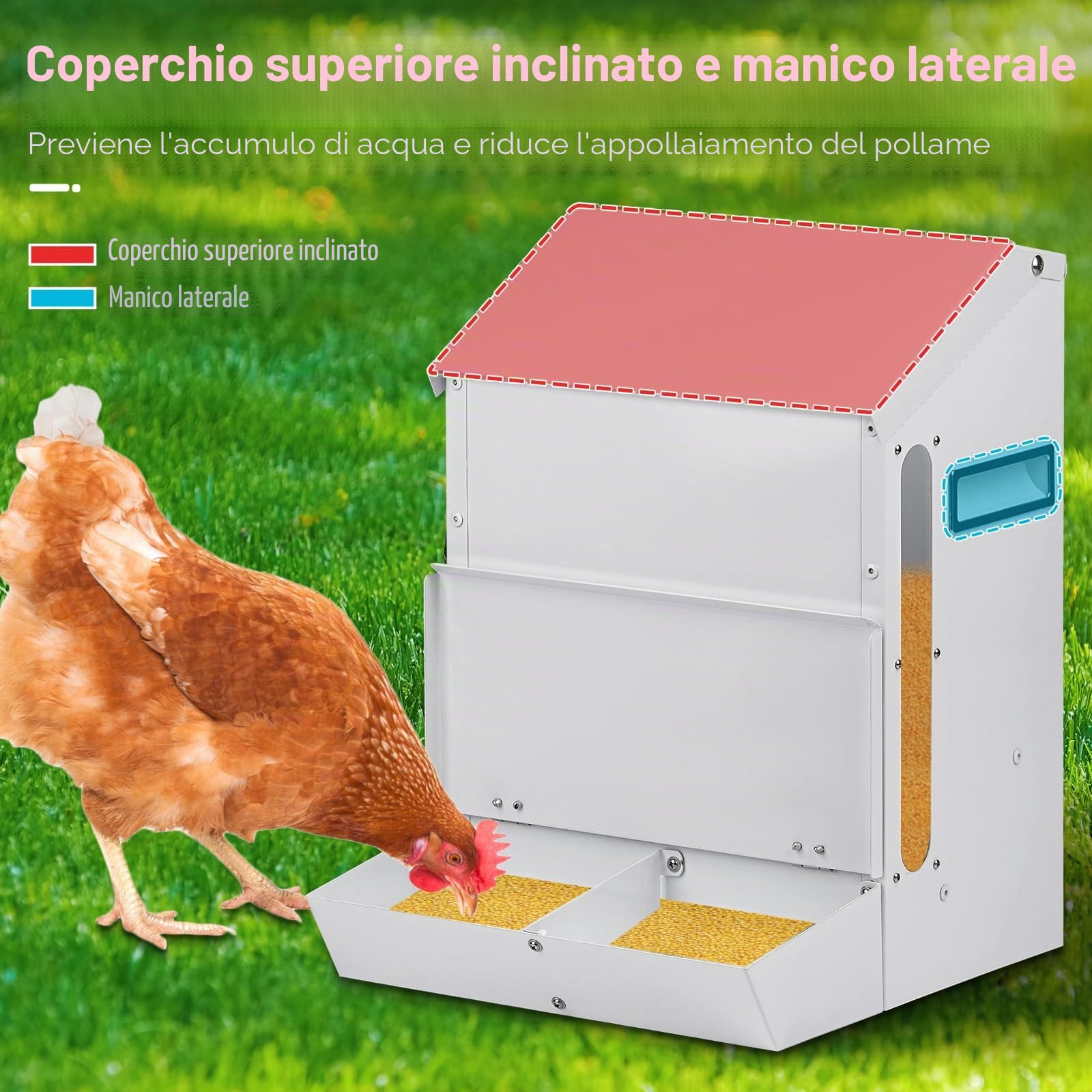 25LBS Mangiatoia Automatica Per Polli Mangiatoia Per Polli a Prova di Topo Con Coperchio dispenser Per Appendere Zincato All'Aperto Senza Sprechi Per Quaglie, Bantam, Anatre e Tacchino