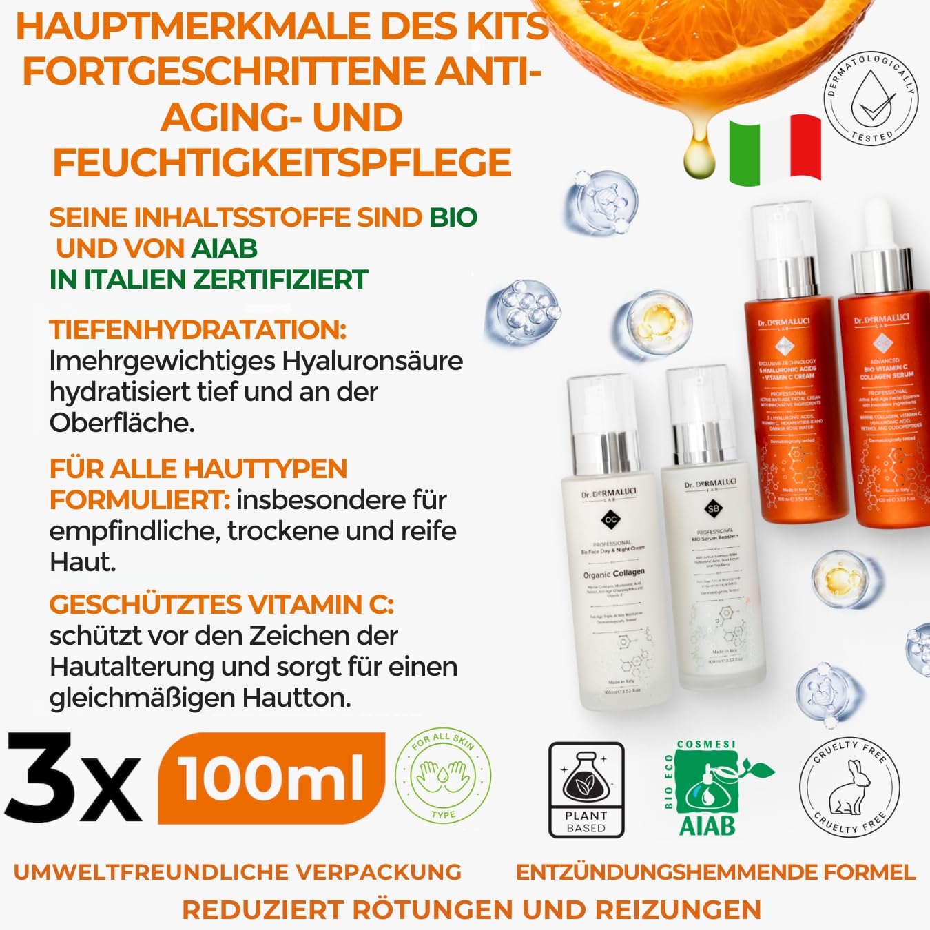 Dr. Dermaluci Lab Geschenkset Damen Herren Mama Geburtstag Anti-Aging - Pflegen, Straffen, Strahlen - Vitamin C, Marine Kollagen, 5 Hyaluronsäuren, Retinol - AIAB BIO, Made in Italy - 400ml