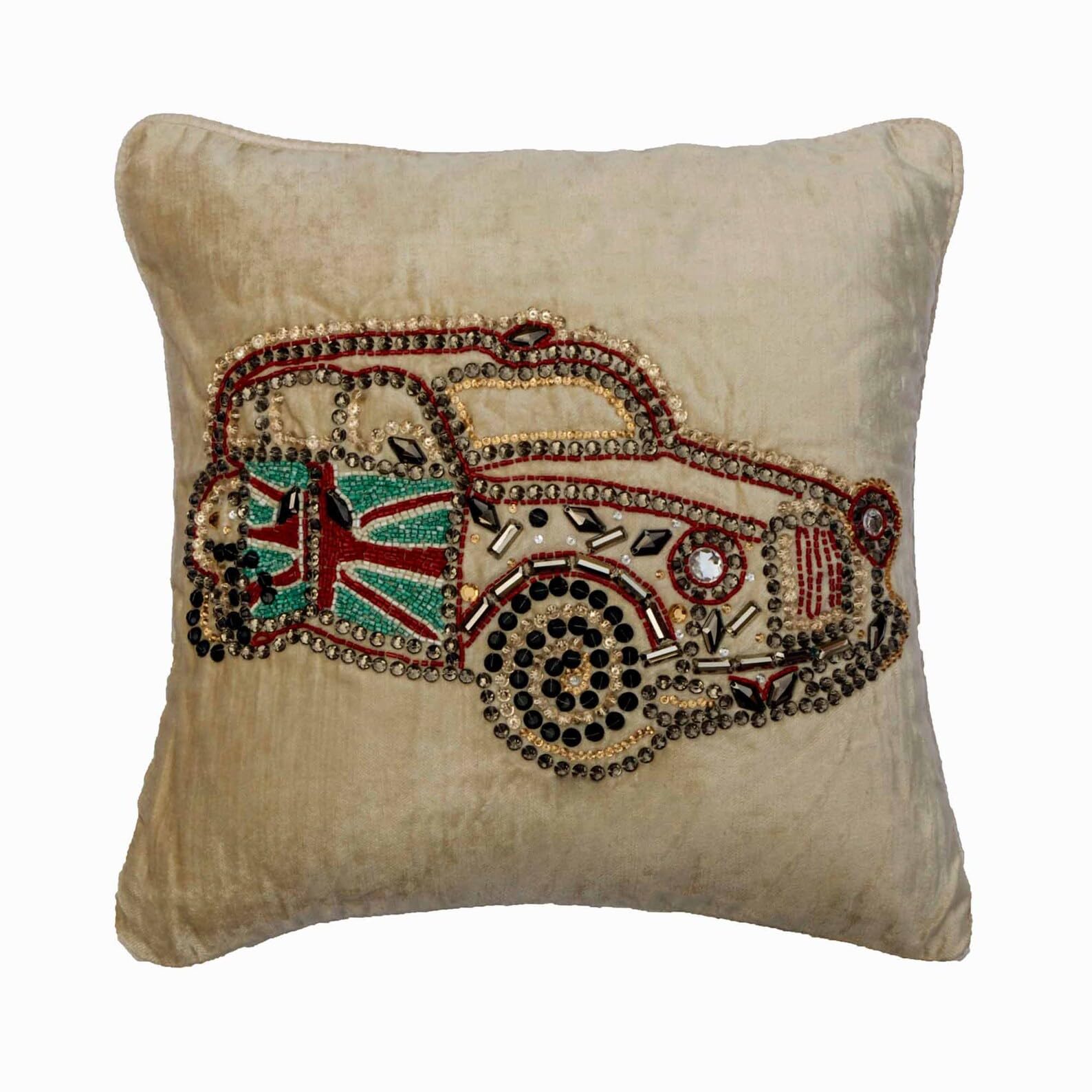 The HomeCentric Decorative Ecru 14"x14" (35x35 cm) Throw Cushions For Couch, Velvet Car, Crystal & Bead Cushion Cover, Abstract Pattern Vintage Style - Vintage Rider โ image 1