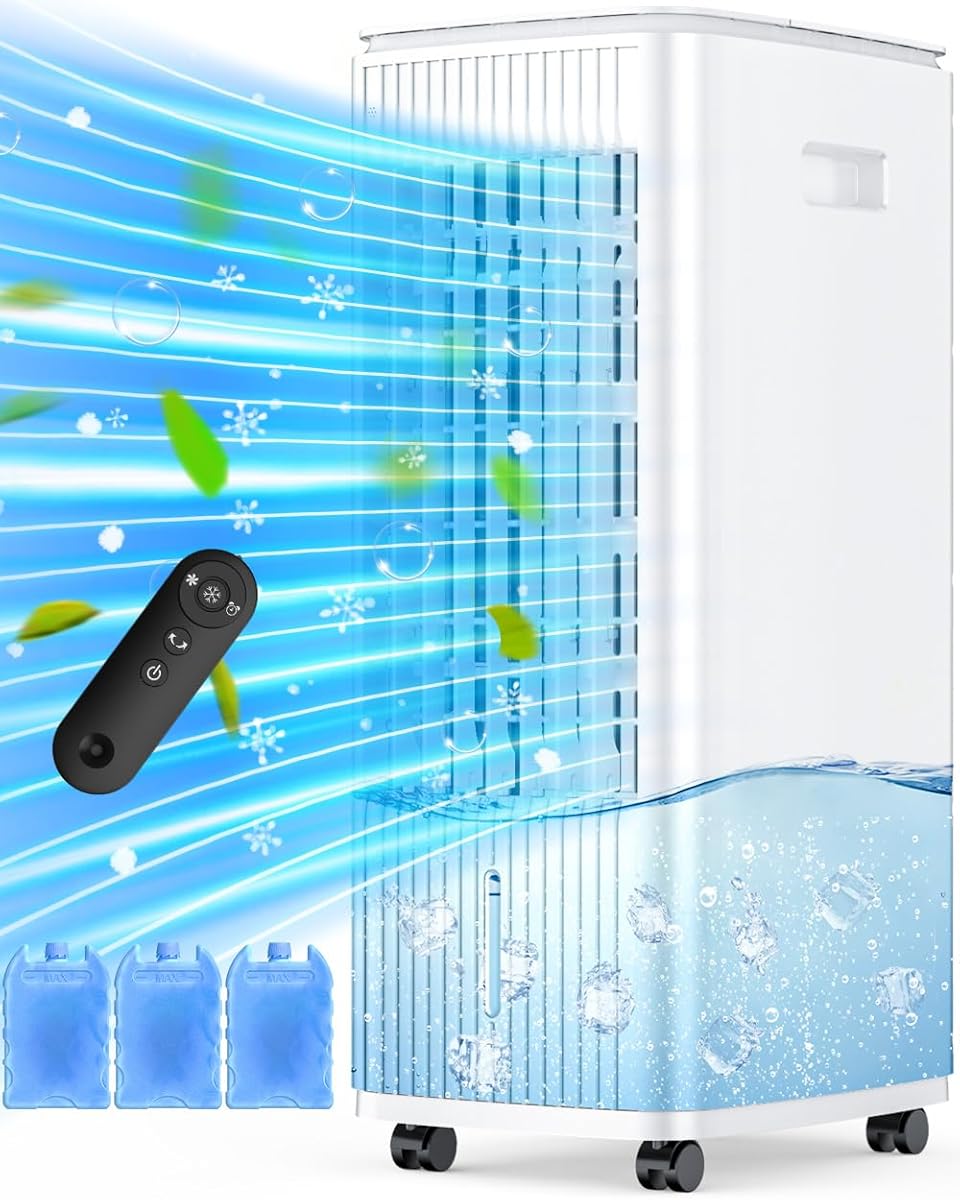 MYICY 25" Windowless Air Conditioner with Double Tanks for 16H Cooling, 25ft Remote & Timer,3-IN-1 Evaporative Air Cooler for Room, 90° Oscillation, 30dB, 3-Speed Swamp Cooler Air Conditioner Portable