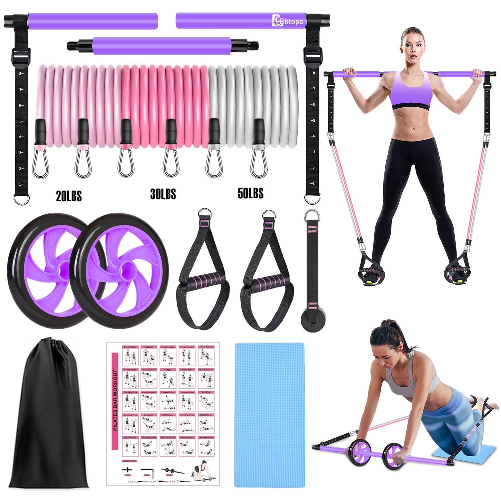 Pilates Bar Kit with Resistance Bands,Ab Roller,2 in 1 Foot Strap & Handle,Door Anchor Pilates Equipment with Resistance Bands, Portable Home Gym Yoga Fitness Bar for Women & Men