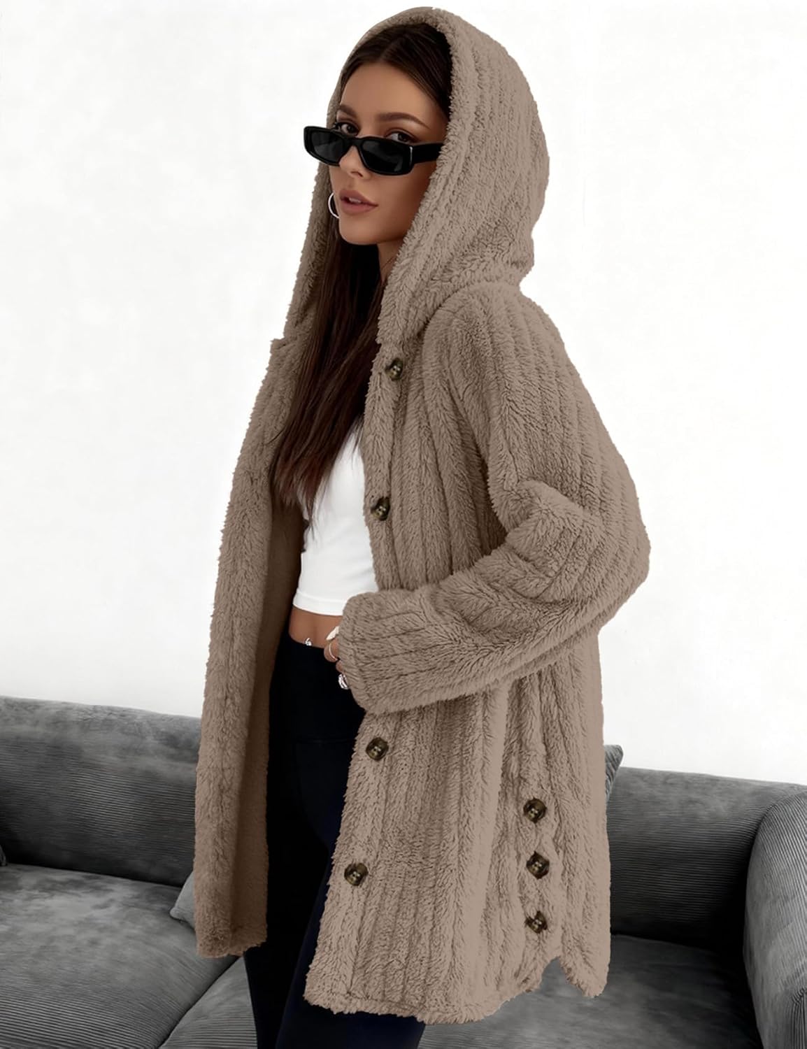 Kissonic Women's Fleece Jacket Hooded Fuzzy Sherpa Cardigan Warm Cozy Casual Outerwear for Women - Image 3