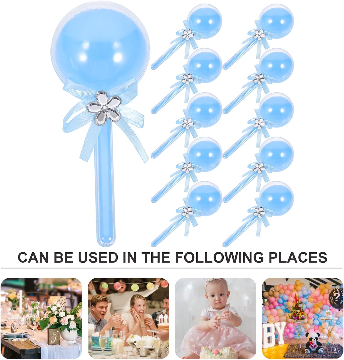 BESTonZON 12PCS Baby Rattle Candy Container - Fillable Baby Shower Party Favors with Bow Crystal - Lollipop Shaped Plastic Candy Bottle for Baby Shower Party (5.50X2.36X2.36in), Blue