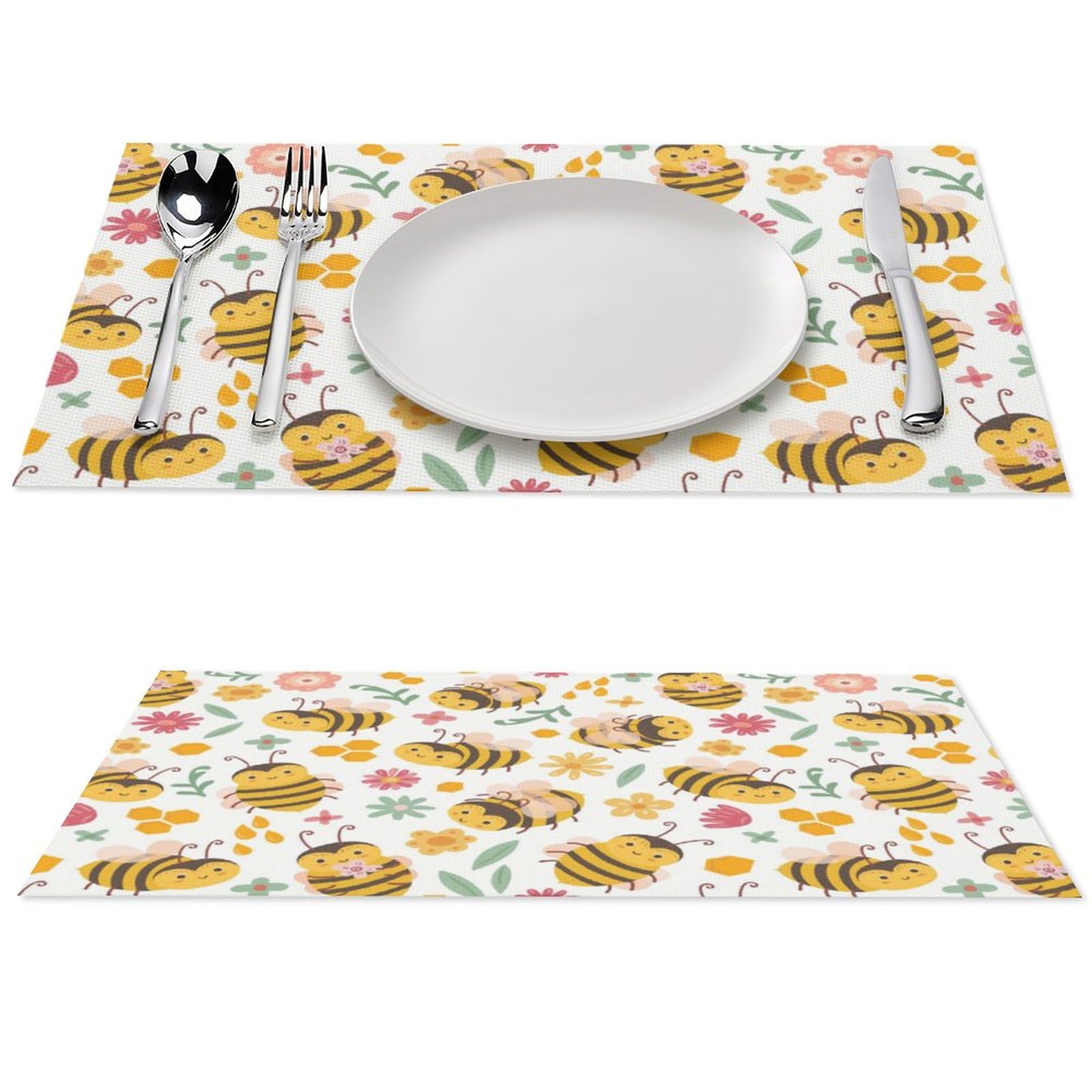 Cute Honey Bee Pattern Placemats Set of 2 PCS Washable Table Runner 18" X 12" Place Mats for Kitchen Party Dining Decoration
