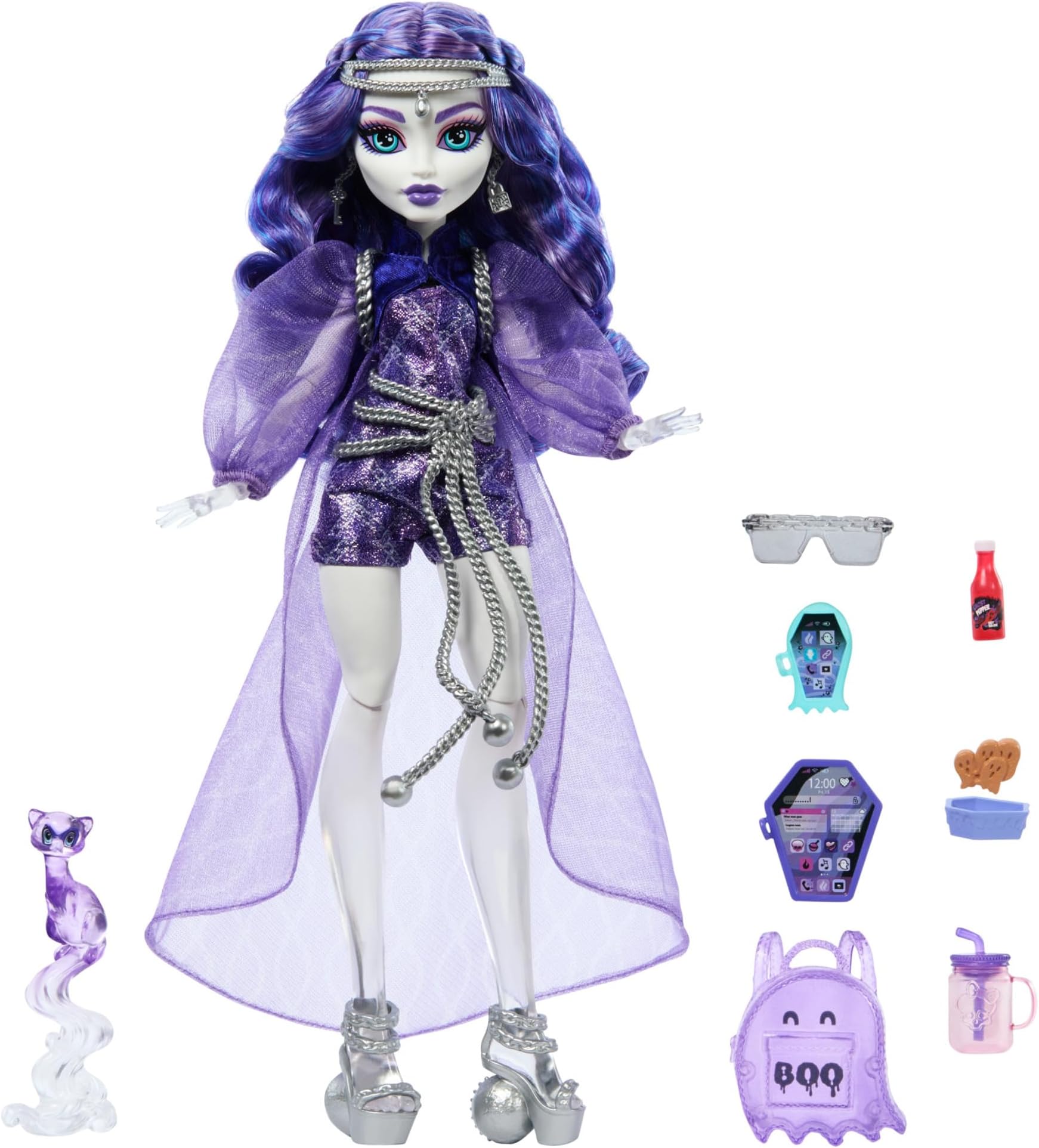 Monster High Spectra Vondergeist Doll with Pet Ferret Rhuen and Accessories like Backpack, Tablet, Snacks and More, HXH77