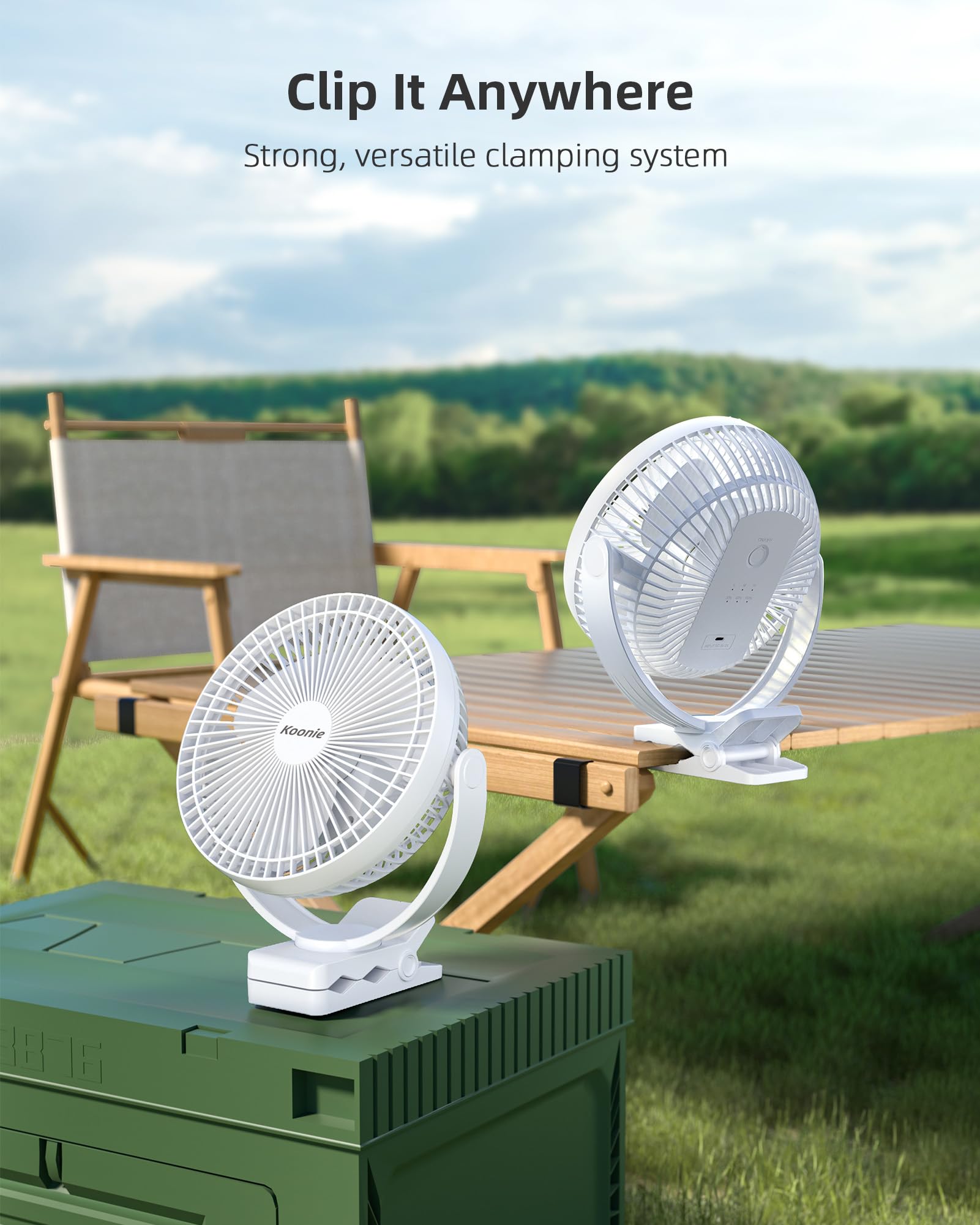 Koonie 20CM Ventilatore a 10000mAh Batteria, Ventilatore USB Portatile, Ventilatore da Tavolo Silenzioso, 4 Velocità & 360° Rotazione, per Casa,Ufficio,Campeggio,Passeggino, All’aperto (Bianco)