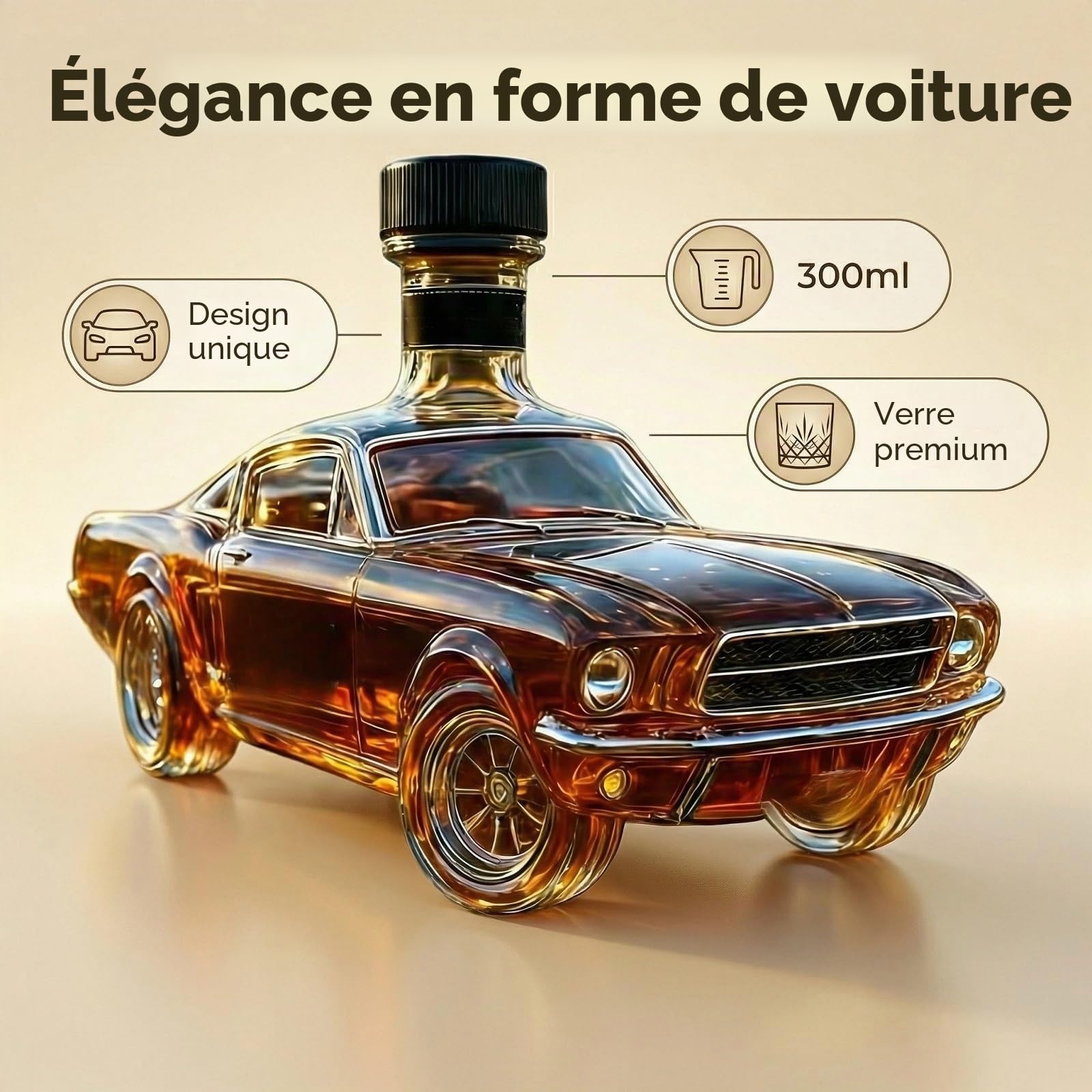 Carafe à whisky en forme de voiture de 300 ml – Bouteille en verre soufflée à la main en forme de voiture de sport 3D, distributeur de whisky unique, cadeau créatif pour homme, décoration de