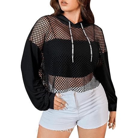 Sexy Plus Size Long Sleeve Drawstring Fishnet Hoodie Crop Top