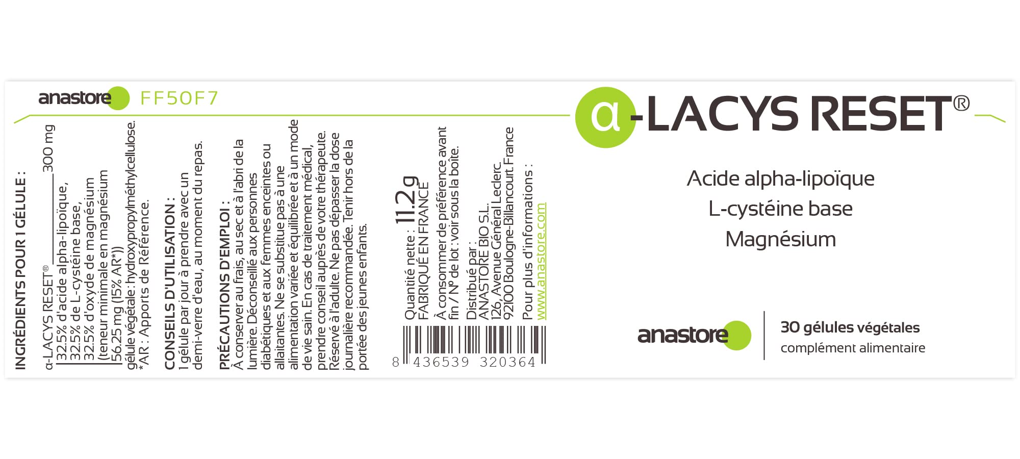 Acide alpha-lipoïque (α-LACYS RESET®) * 300 mg / 30 gélules * Acide alpha-lipoïque, Acide L-cystéine base, Magnésium