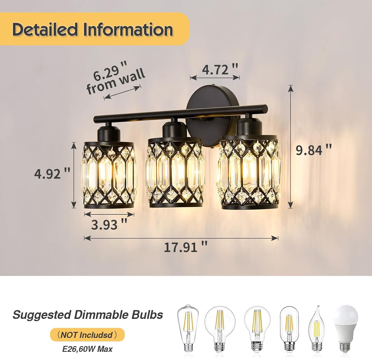 CVKASH 3 Light Bathroom Vanity Light Fixture Over Mirror Black Vintage Vanity Lights with Glass Shade Farmhouse Wall Sceonce for Bedroom Dressing Room Living Room Hallway Cabinet