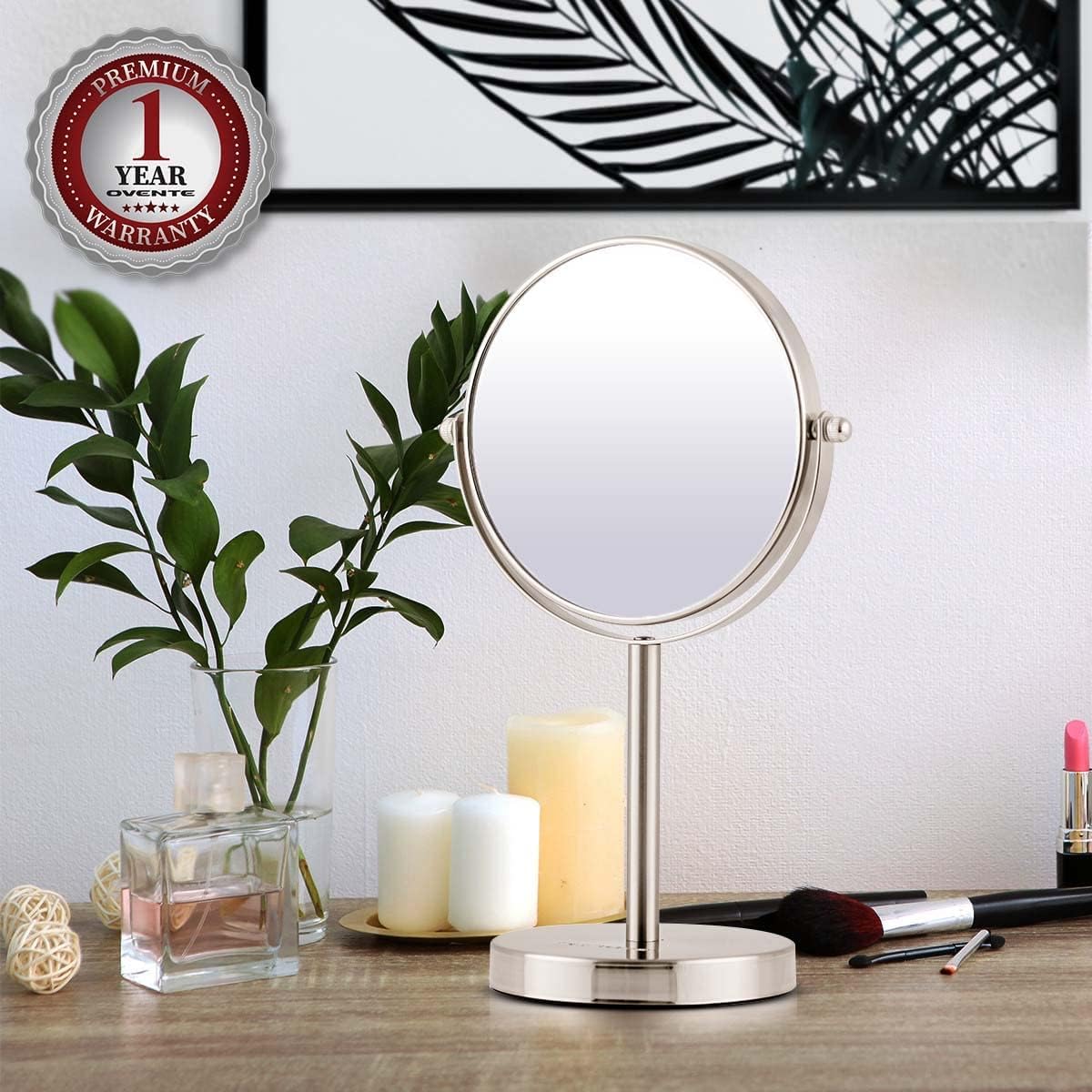 OVENTE 6'' Tabletop Makeup Mirror with 1X/7X Magnification, 360° Swivel Design, Double-Sided Free-Standing Vanity Mirror Perfect for Dresser, Bedroom and Office Desk, Nickel Brushed MNLT60BR1X7X