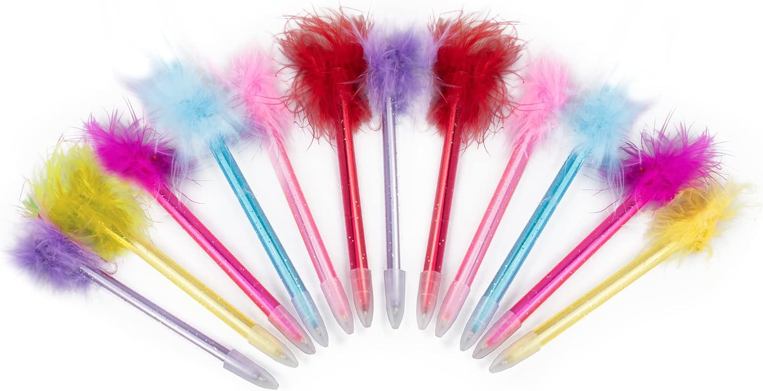Dazzling Toys Cute Feather Pen – Pack Of 12 Fancy Multicolor Quill Pens, Black Ballpoint Pens With Feathers Top, Calligraphy Accessories, Stationary, School & Office Decor, Aesthetic Gift For Wedding