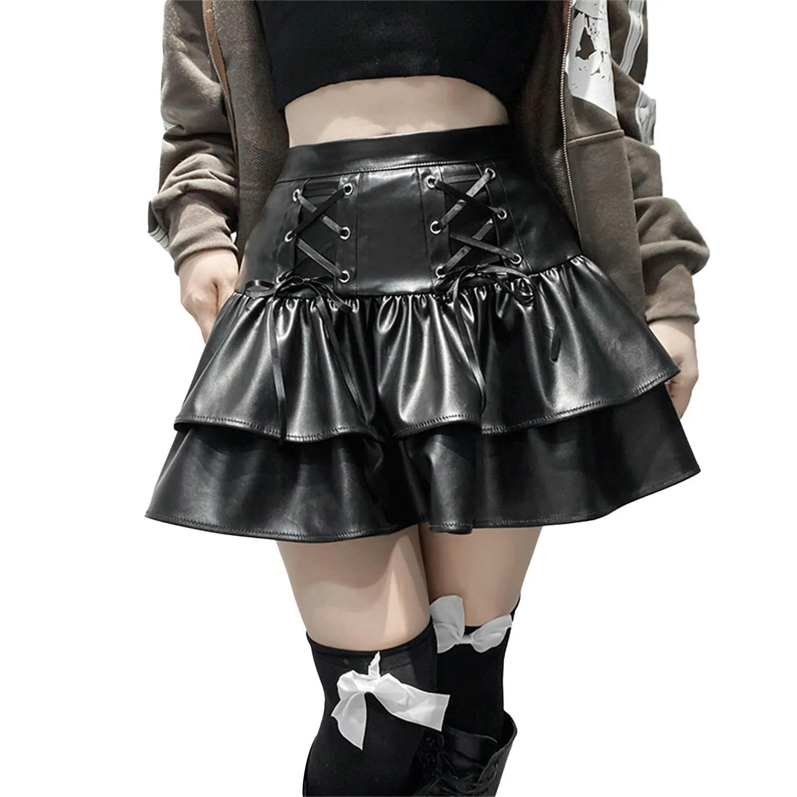 Faldas de PU Estilo Punk con Cintura Alta y Cordones, Falda Plisada Negra, Ropa de Calle para niñas, Ropa Oscura, Negro, L