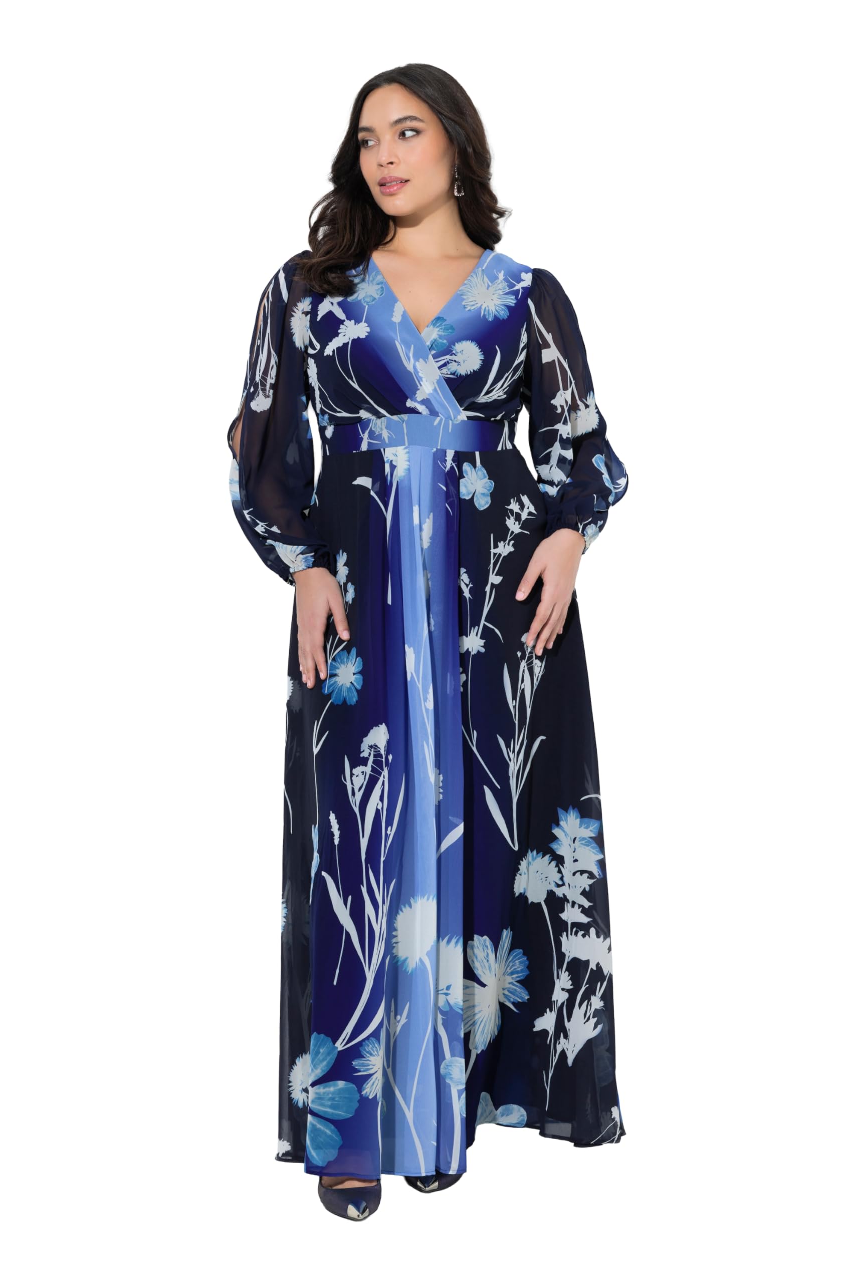 Ulla Popken Damen große Größen Übergrößen Plus Size Abendkleid, Blüten, A-Linie, V-Ausschnitt, Langarm 849416