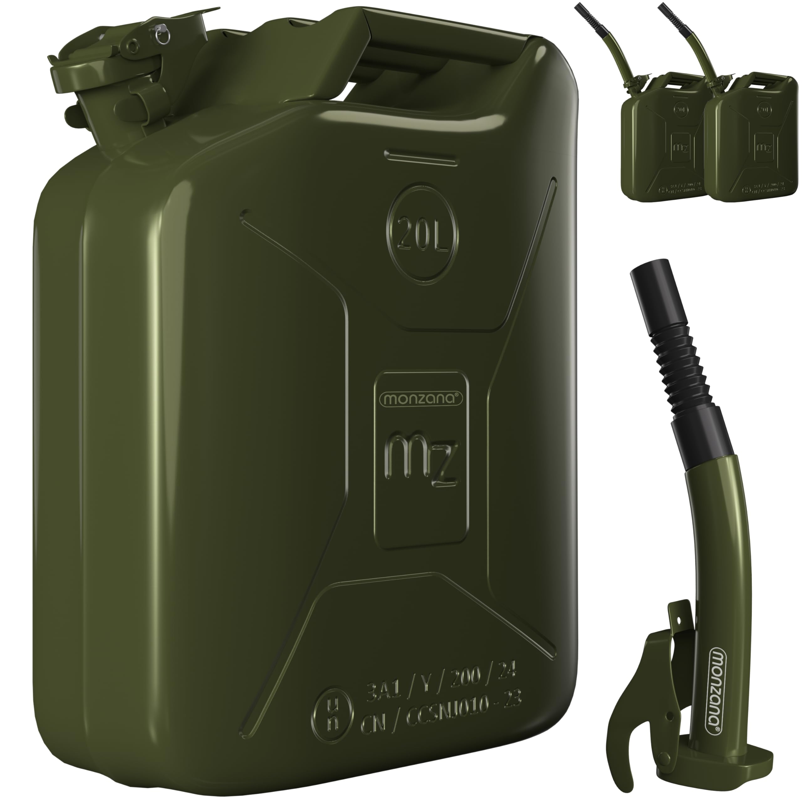 MONZANA® 3x 20 Litre Metal Jerry Can | Fuel Petrol Diesel Oil Water Canister | Including Pouring Spout Extension | 20L Steel 36x17x46cm | UN Approval Olive Green | Home Workshop Car