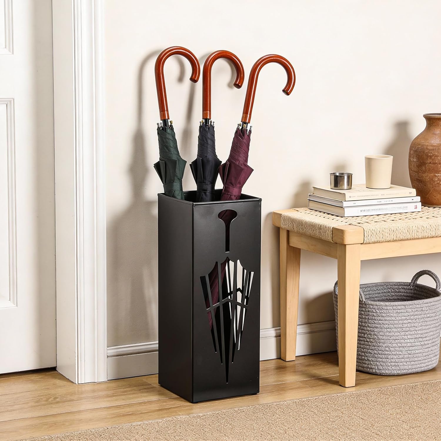 Square Metal Umbrella Stands, Umbrella Holder Rack for Entryway, Canes Walking Sticks Storage Bin Freestanding for Home Office Indoor Hotel Shop, 6.5" x 6.5" x 16.5", Black