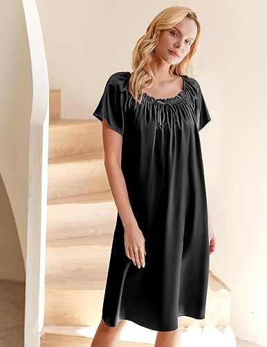 Miniatura 4 de Ekouaer Camisón plisado de seda satinada para mujer, ropa de dormir suelta, camisón estampado de manga corta