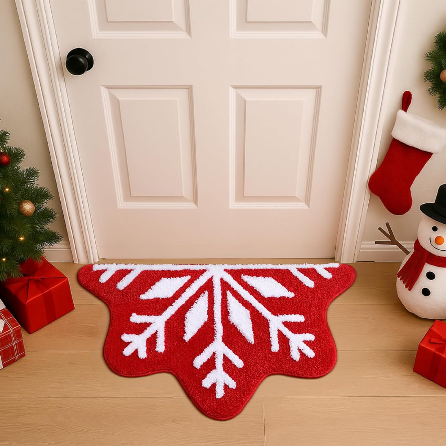 TRUEDAYS Christmas Bathroom Rug - Cute Red Half Snowflake Bath Mat, Soft Absorbent Non Slip Bath Rug Washable - Christmas Decor for Bathroom, Entryway or Vanity Floor