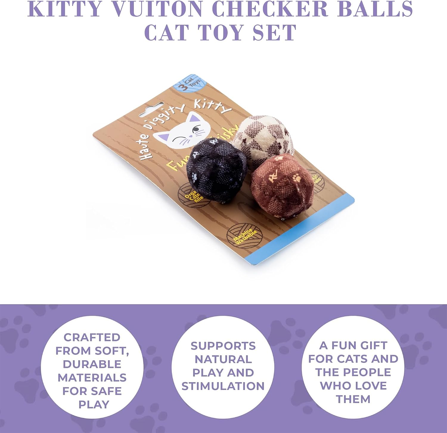 Haute Diggity Kitty Vuiton Checker Balls Set, Soft Plush Cat Toys image 5