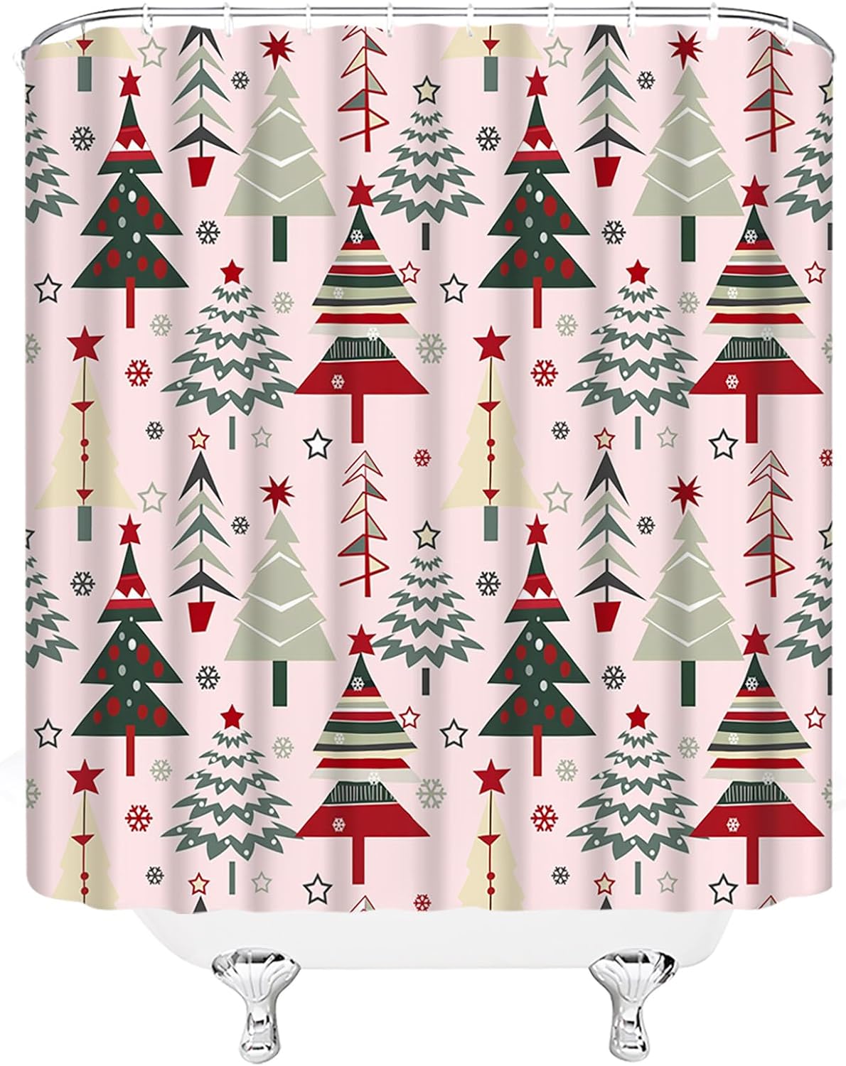 Christmas Tree Shower Curtain Xmas Pine Trees Winter Snowflake New Year Holiday Minimalist,Red Pink,70" Wx96 H Fabric Bathroom Decor Curtain with Hooks