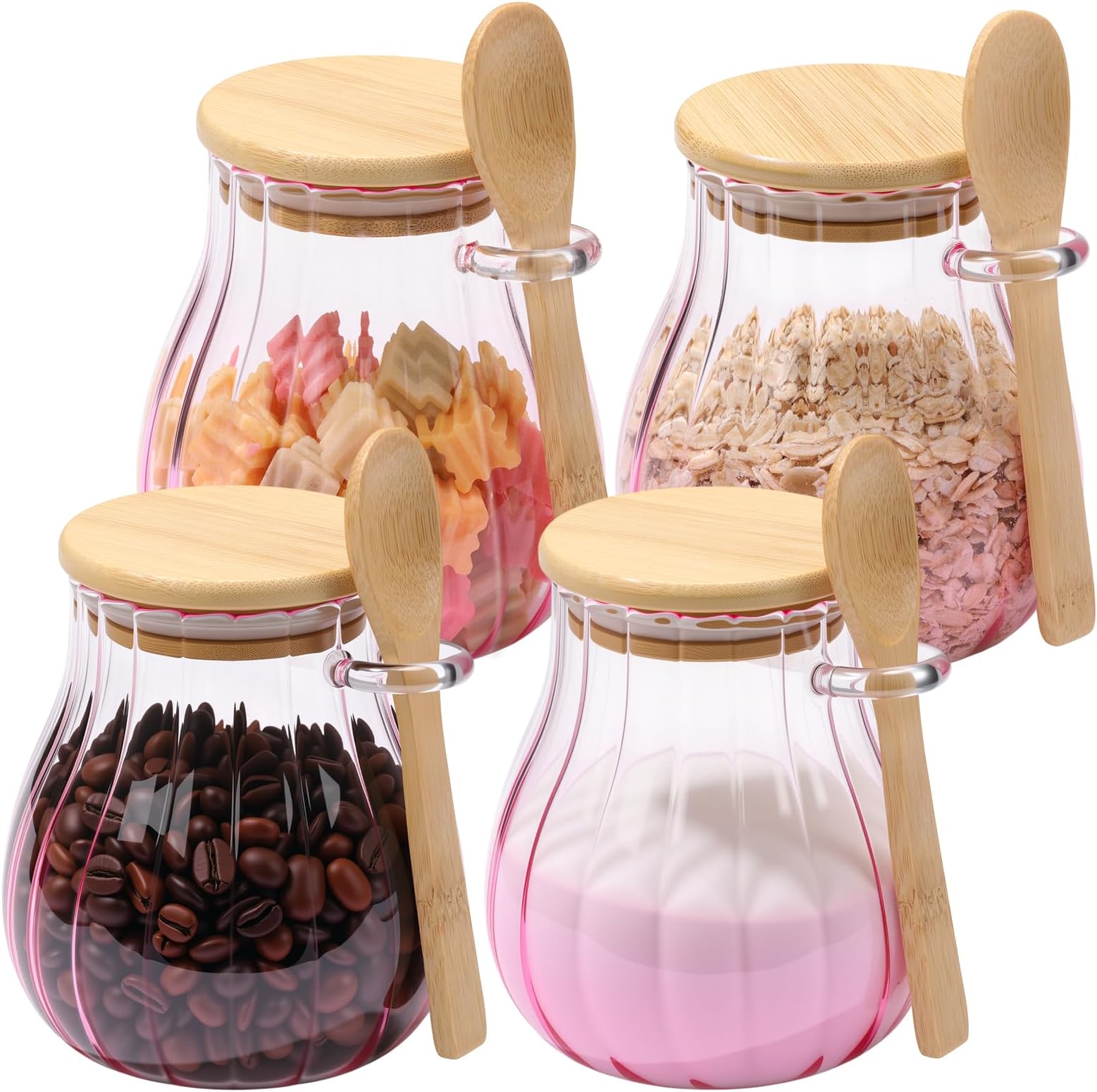 Willinglong Pink 4 Pack Coffee and Sugar Container Set with Bamboo Lid Spoon 15 oz Glass Canister Jar with Airtight Lid for Brown Sugar Tea Keeper Storage Container for Kitchen Office Coffee Bar