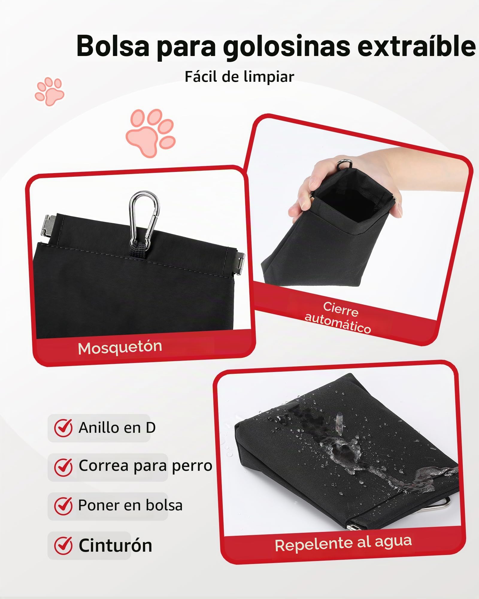 AGPTEK Bolsas de Golosinas para Perros, Riñonera Impermeable de Gran Capacidad con Bolsa Premios Perro Desmontable, Porta Botellas de Agua, Dispensador de Bolsas para Excrementos, Negro
