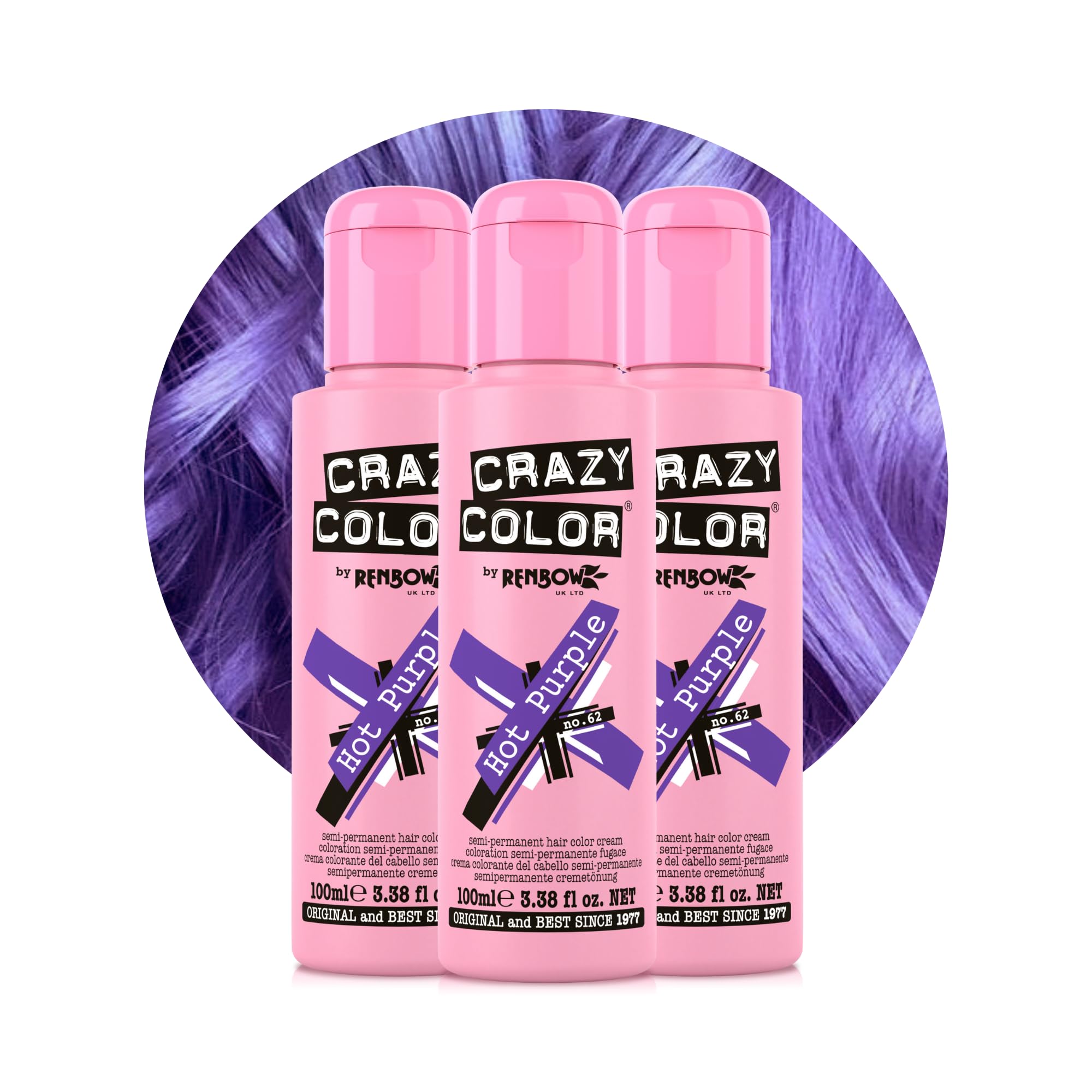Crazy Color Vibrant Hot Purple Semi-Permanent Trio Hair Dye. Highly Pigmented Royal Purple Conditioning & Oil Nourishing Vegan Formula | No Bleach or Ammonia | 300ml
