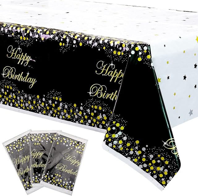 3 Pack Black and Gold Tablecloth Party Decorations - Plastic Disposable Birthday Tablecloth, Black and Gold Dot Star Confetti Rectangle Table Cover, Table Cloths 51"x86" for Birthday Party Supplies