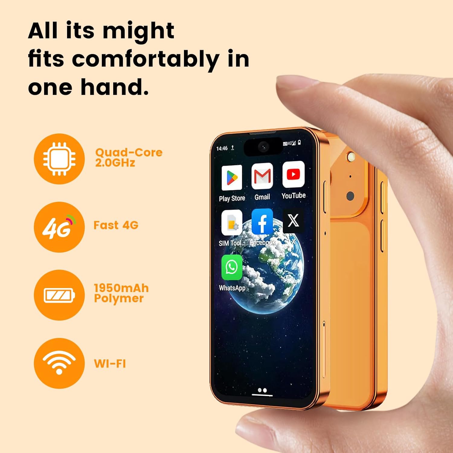 4G Unlocked Mini Smartphone 3GB+32GB,3.88" HD Touch Screen,Android 12,Dual SIM, Face ID,GPS, Quad-Core,1950mAh Battery,Compact Pocket Small Phone for Kids Students Backup Mobile Phone Orange