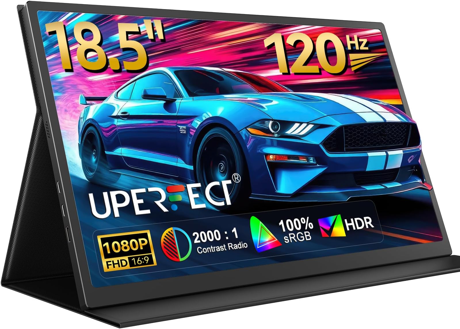UPERFECT Portable Monitor, 18.5" 120Hz 1080P Laptop Gaming Display | 125% sRGB, HDR, FreeSync, 350 Nits Brightness, VESA Support, Stand Included, USB-C & Mini HDMI Screen for Gaming & Travel