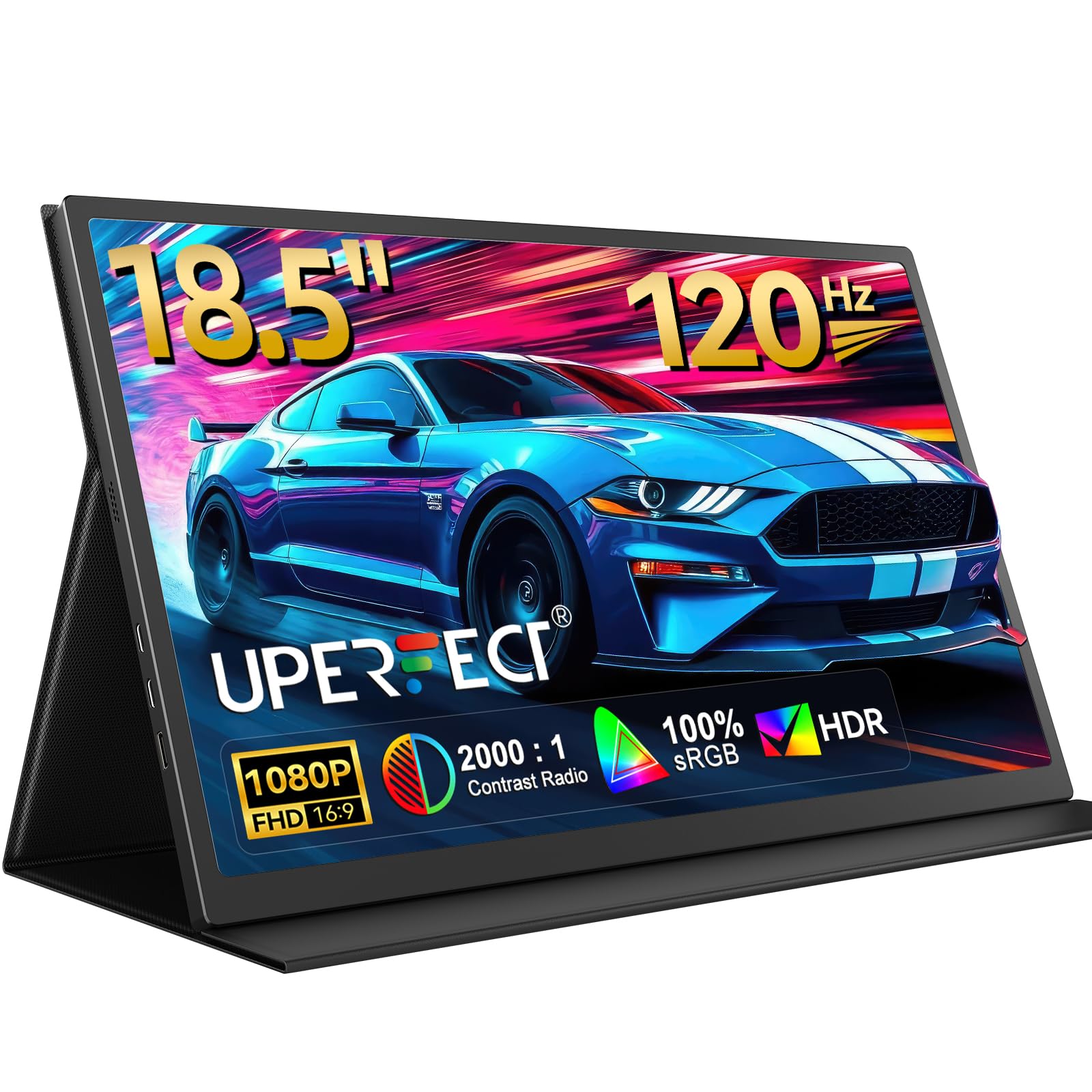 UPERFECTPortable Monitor 18.5 inch 120Hz 100% sRGB 1080P Portable Laptop Display w/Smart Cover, VESA & Speakers, Frameless IPS HDR Gaming Monitor USB-C HDMI Travel Second Monitor