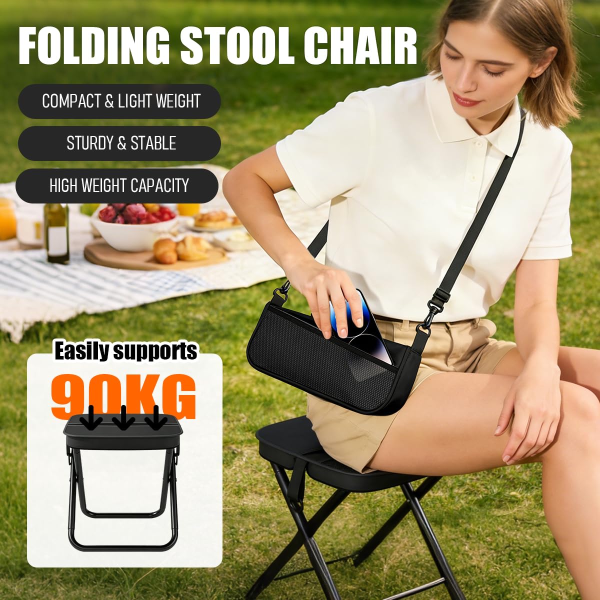 Sedia Pieghevole Portatile, Mini Sedia Pieghevole per Esterni con Tracolla e Sacchetto a Rete, Sgabello Pieghevole da Campeggio per Viaggi Escursionismo Giardino Pesca Barbecue (Black)