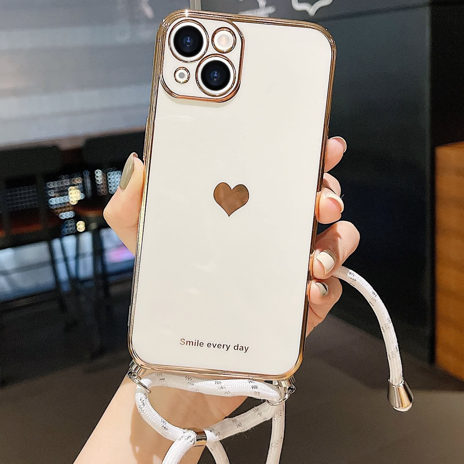 Coque Silicone Cœur Avec Cordon Pour IPhone 15 - Lanière Réglable 1.5m - Protection Totale - Blanc