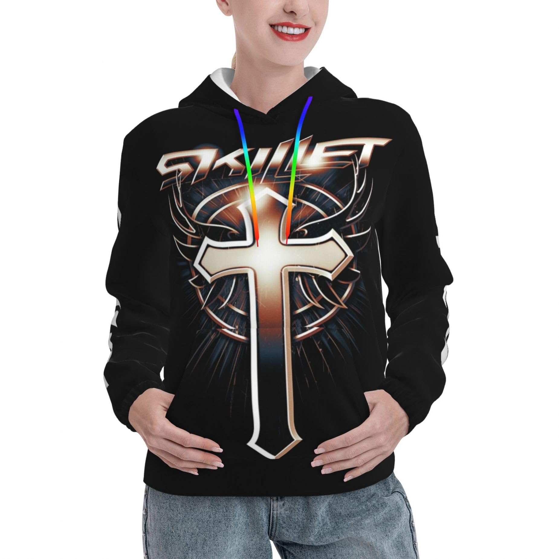 Womens Skil&let Logo Graphic ​​Black Numan Hoodie Long Sleeve Sweatshirt for Women ​​Teen Boy Hooded Neck Music Band Pullover Clothes Merch for Fans Gift