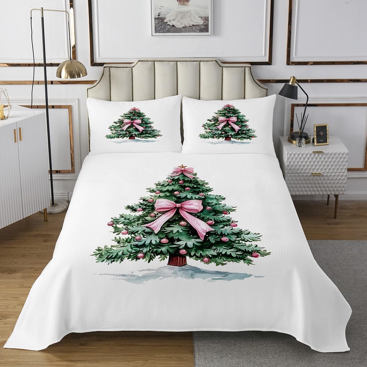 Erosebridal Merry Christmas Queen Size Quilt Set, Xmas Decor Holly Berry Bedspread for Women Men Teens Adults Bedroom, Red Bow Coverlet Set, Green Leaves Vintage Plants Bedding Set
