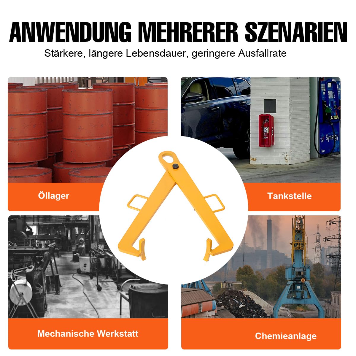 Fasskralle Kran Ölfass Hebezange Ölfass-Hebeklemme Fassheber Faßkralle Fassgreifer Fasswender Legierter Stahl Fasshebekralle Greifarm Heber Kralle vertikal 600kg Gelb