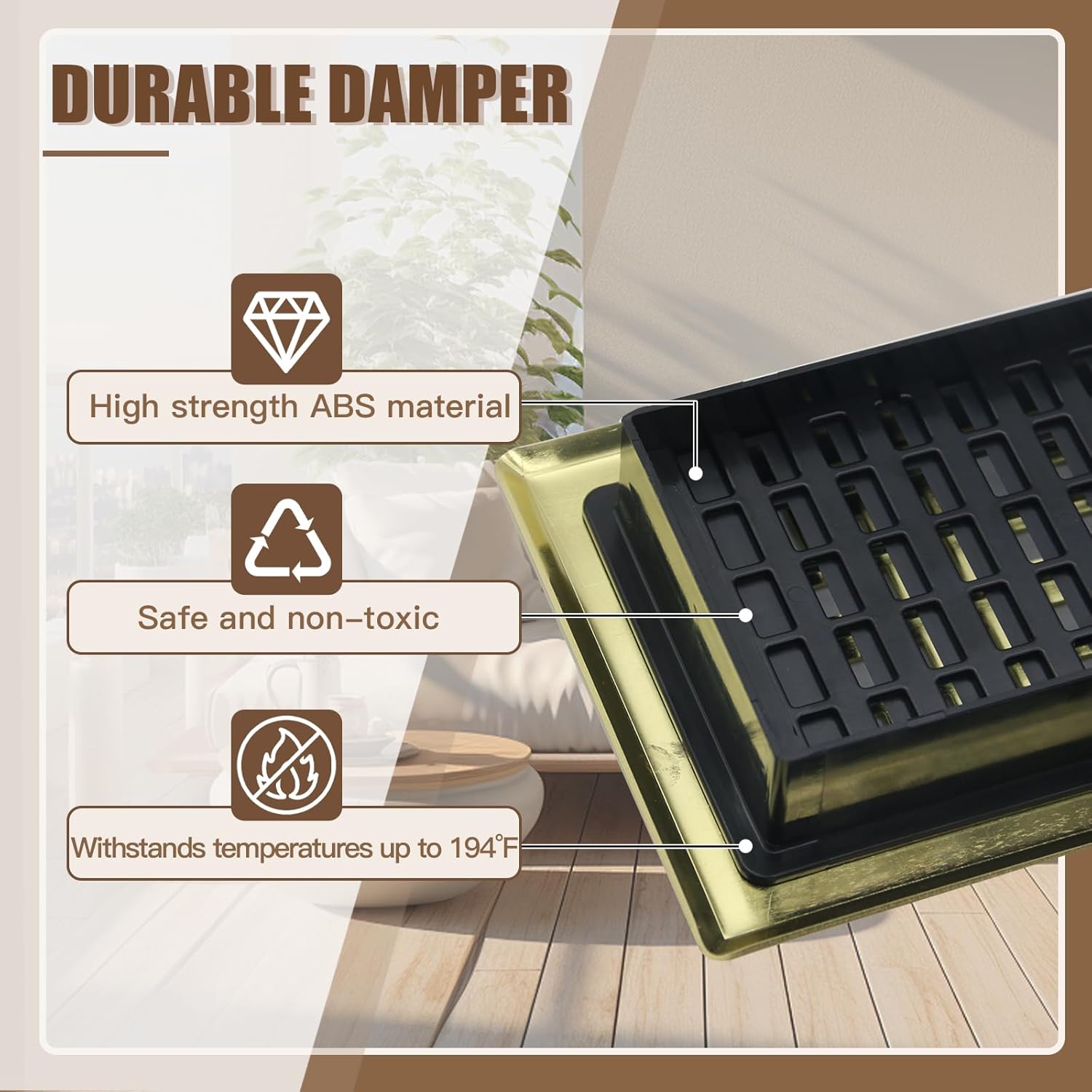 2 Packs 4x10 Decorative Floor Vent Register, Heavy Duty Walkable Brushed Gold Color Steel Air Outlet Cover with Adjustable Lever for Room Ventilation