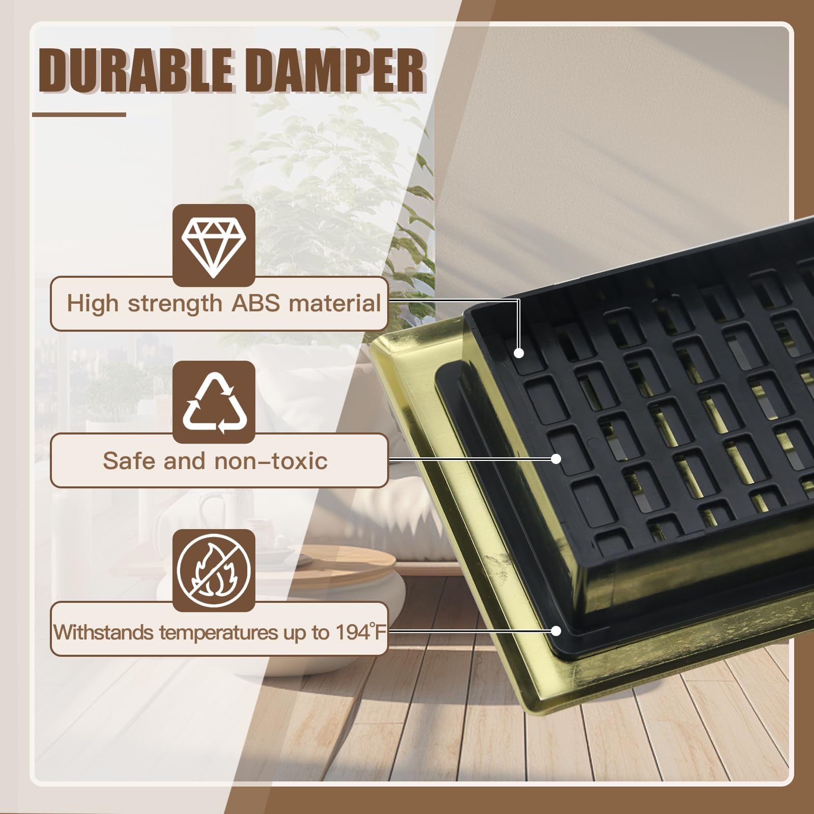 Rejilla de ventilación de suelo de 4 x 12 pulgadas, color dorado cepillado, ajustable, palanca de suministro de aire, rejilla de ventilación para el hogar
