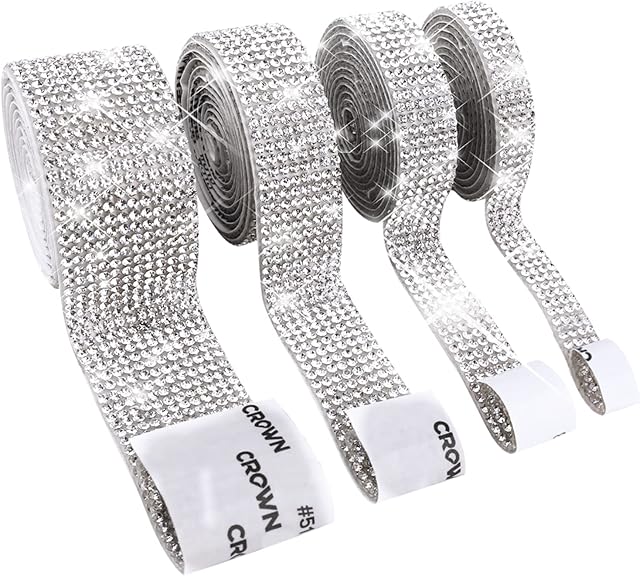 kuou 4 Rolls Silver Rhinestones Diamond Ribbon, 3.6Yard Strip Self-Adhesive Crystal Bling Home Accessories Photo Stickers on Gems Glitter Wallpaper for Bedroom Clothes Party Phone DIY Crafts Decorate