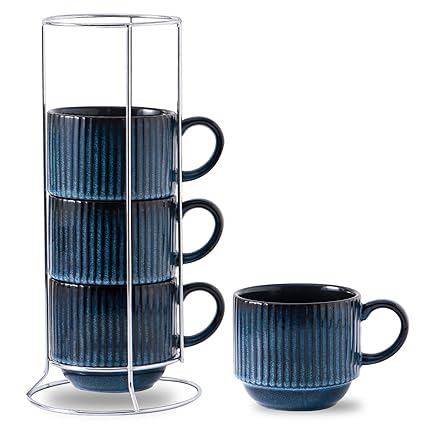 Hasense Large Coffee Mug Set of 4 with Holder - 15 Oz Stackable Ceramic Ribbed Latte Cup Set for Cappuccino, Tea, Espresso, Hot Cocoa, Drinks - Dishwasher & Microwave Safe