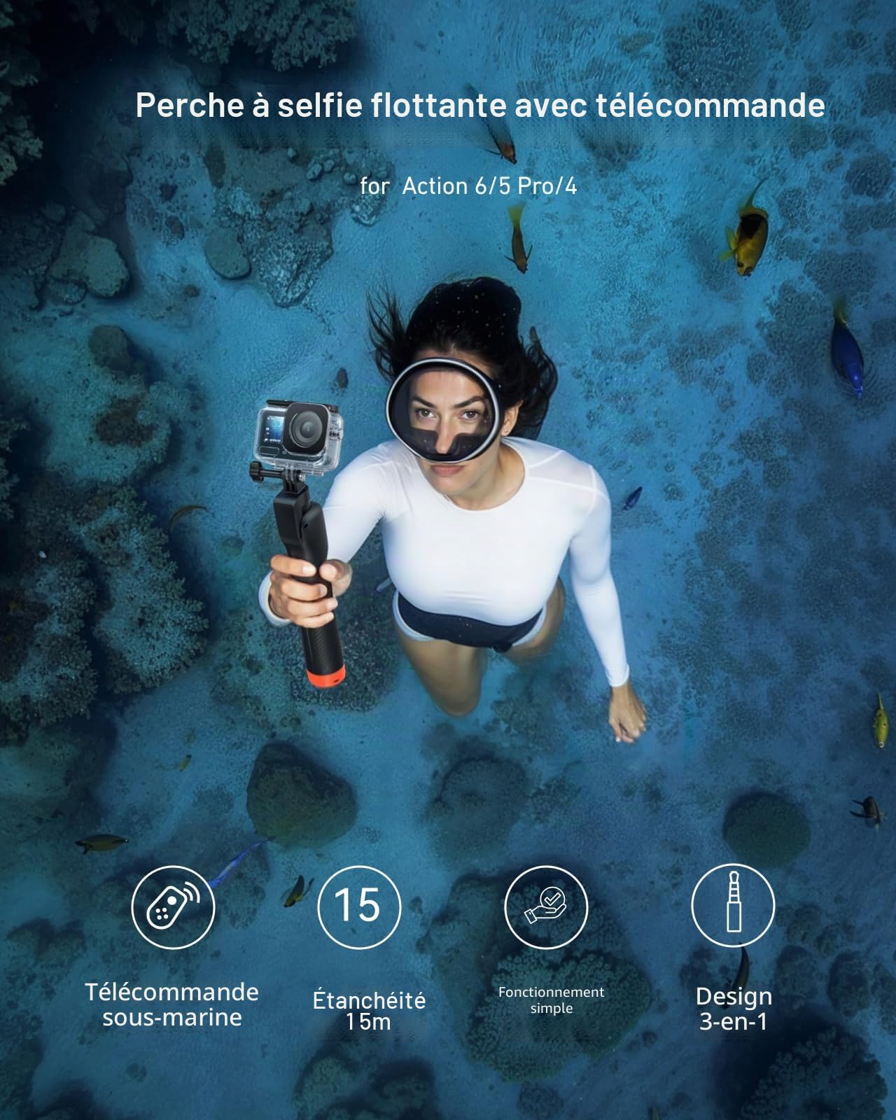 TELESIN Poignée Flottante Bluetooth pour DJI Osmo Action 6/5 Pro/4/3 | Télécommande Bluetooth intégrée | Flotte pour sécuriser la caméra | Idéale pour le surf, le snorkeling et les vlogs de voyage