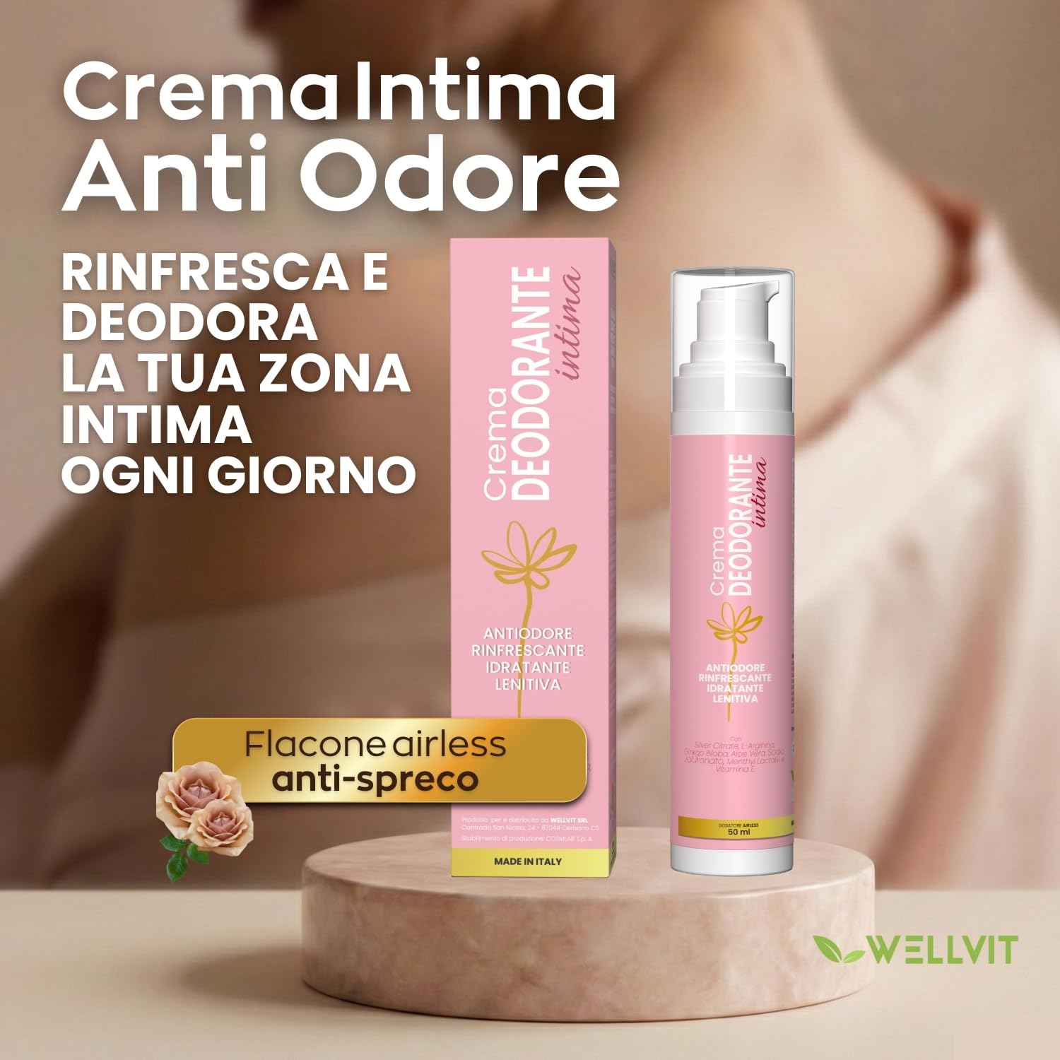 Deodorante Intimo Donna – Delicata Crema Intima Profumata Donna Anti-Odore per l’ Igiene Intima Quotidiana, Azione Fresca e Lenitiva con Aloe Vera, Menta, Arginina e Argento Citrato – 50 ml WELLVIT