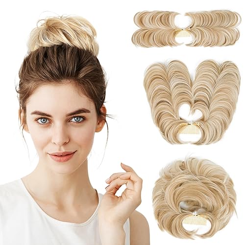 Pieza de cabello con moño desordenado, mezcla de rubio ceniza despeinado, moño recogido, pieza de cabello para mujer, peine lateral, extensiones de