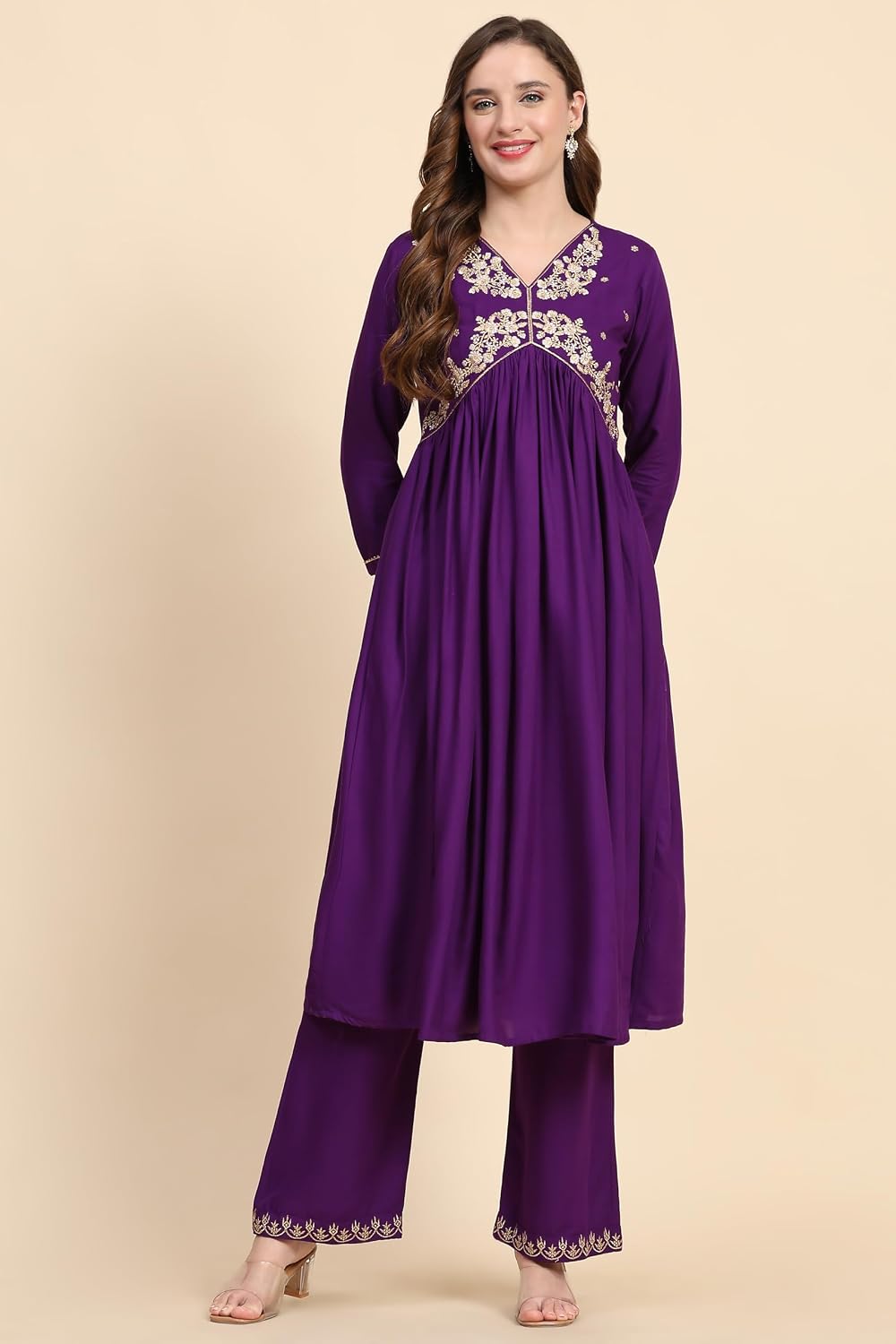 TRENDMALLS Women's Rayon Embroidery Alia Cut Salwar Suit Set Kurta Pant with Dupatta (G188-Purple-XL), X-Large