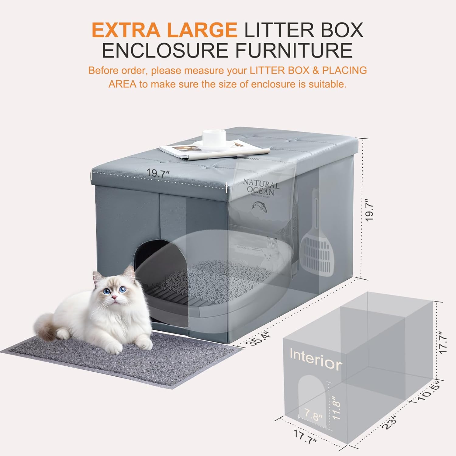 meexpaws cat litter box enclosure furniture hidden, cat washroom bench storage cabinet | extra large 35.4'' x 19.7'' x 19.7''| dog proof | waterproof inside/easy clean | easy assembly | odor control xxl 35.4'' x w19.7'' x h19.7'' grey