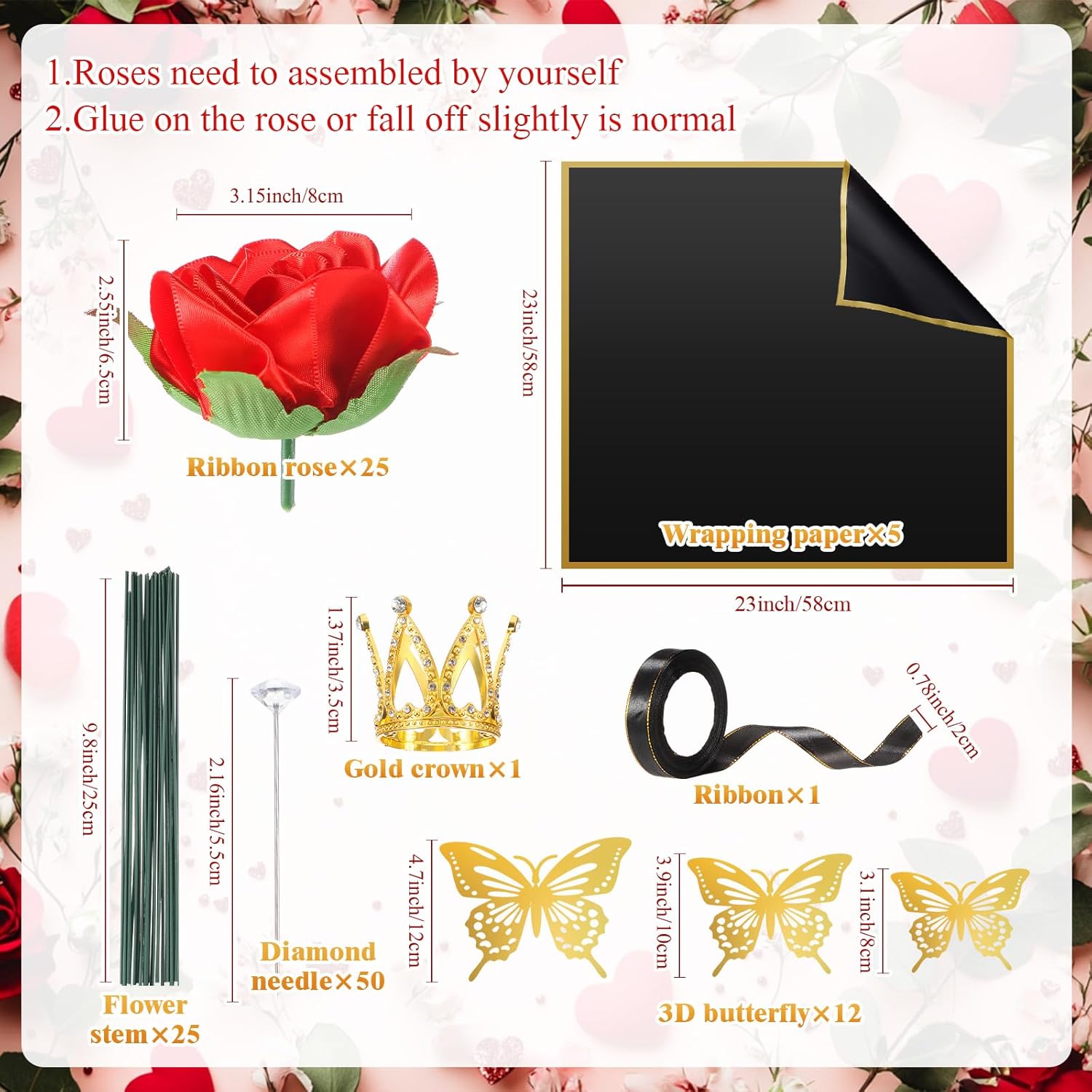 Riceshoot 25 Sets Ribbon Rose Bouquet DIY Fake Roses with Stems Faux Flowers Bouquet Kit Wrapping Paper Crown 3D Butterflies for Graduation Anniversary Birthday Wedding Gift(Red) - Image 2