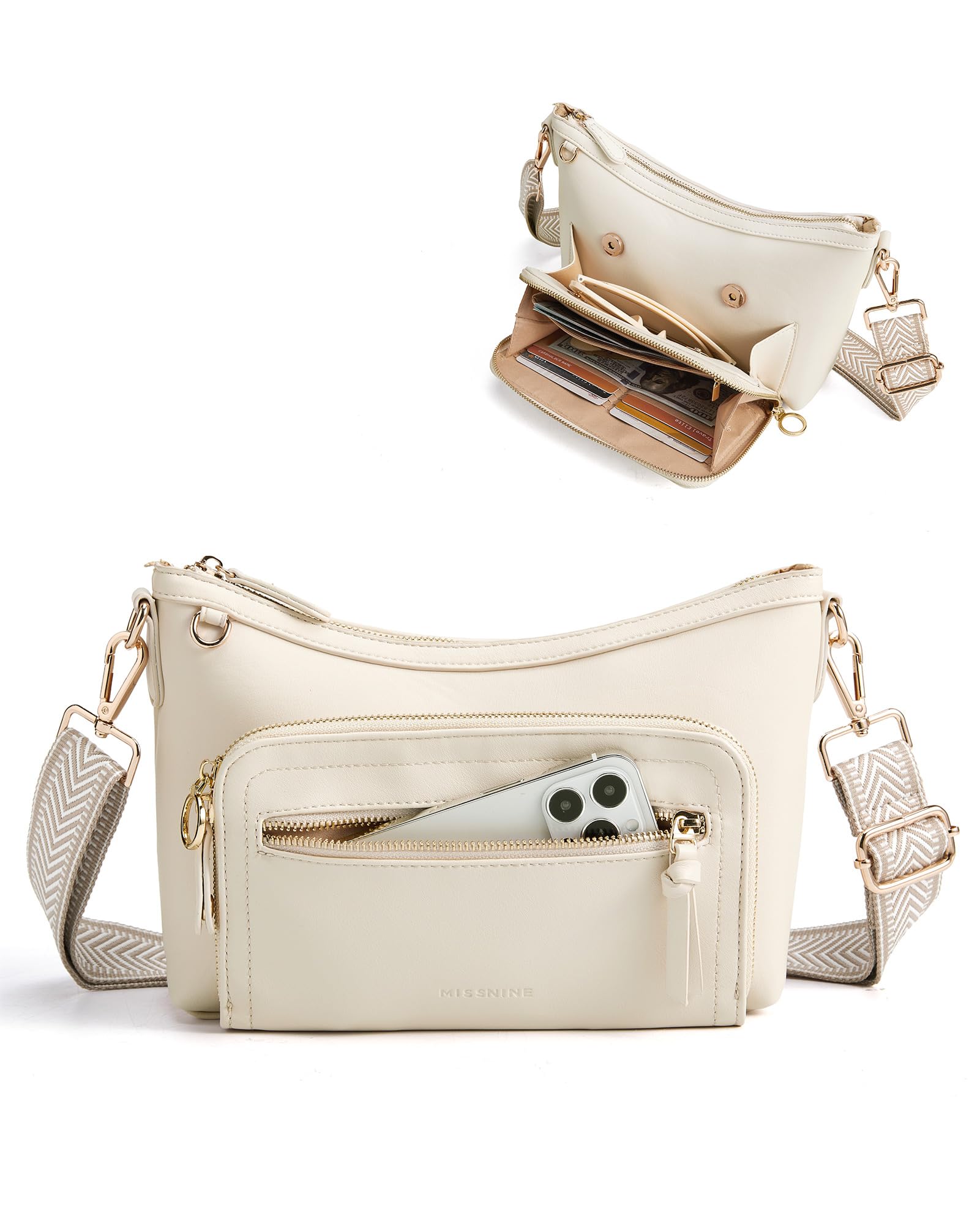 Missnine Cross Body Purse Leather Medium Crossbody Bags for Women Travel Purse Shoulder Handbag with RFID Blocking Slots