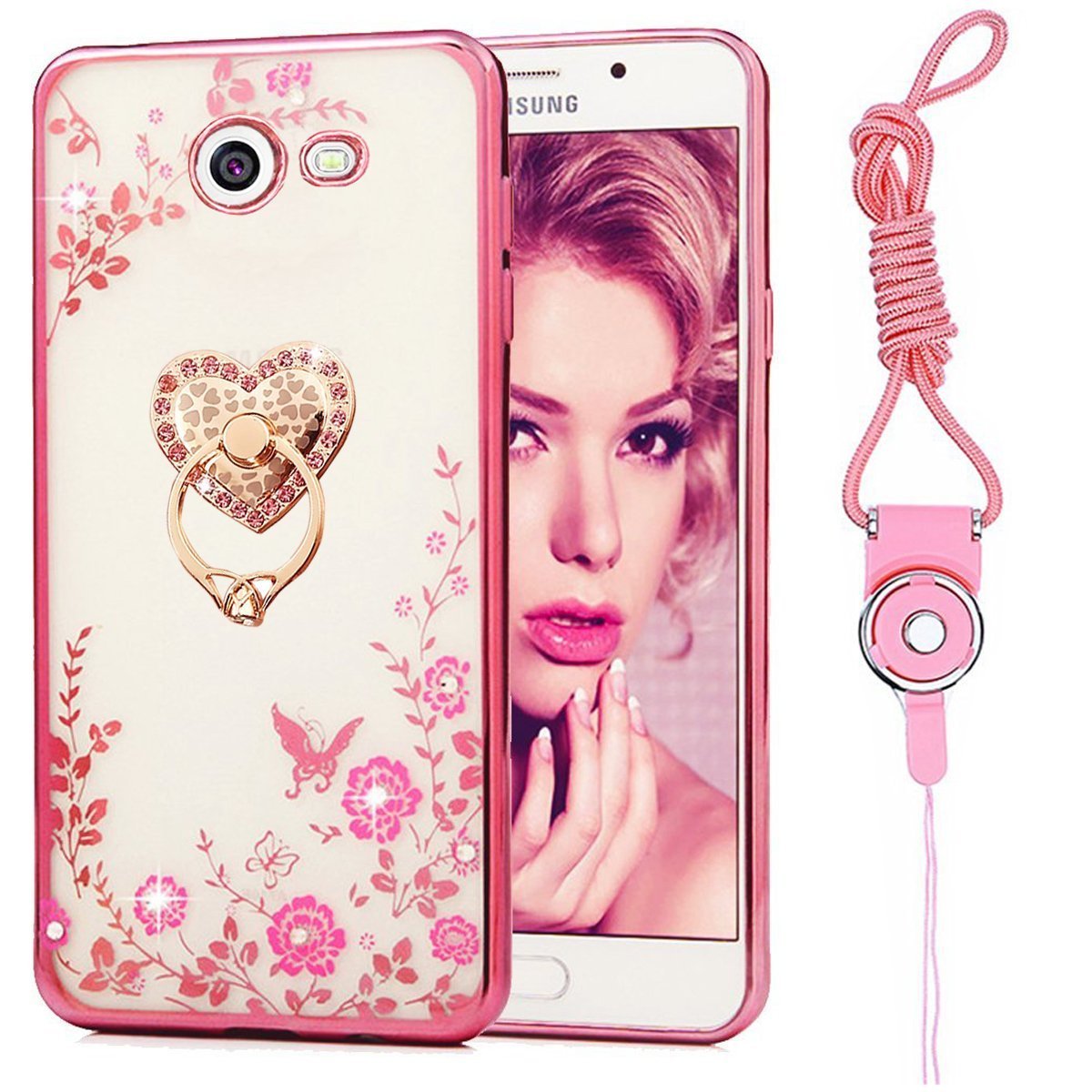 Samsung Galaxy J7 V Case, J7 Prime / J7 Perx / J7 Sky Pro / J7 2017 / Galaxy Halo Case, Bling Glitter Silicone TPU Soft Bumper Metal Stand Holder Clear Cover With Lanyard, Case + Heart Ring + Lanyard