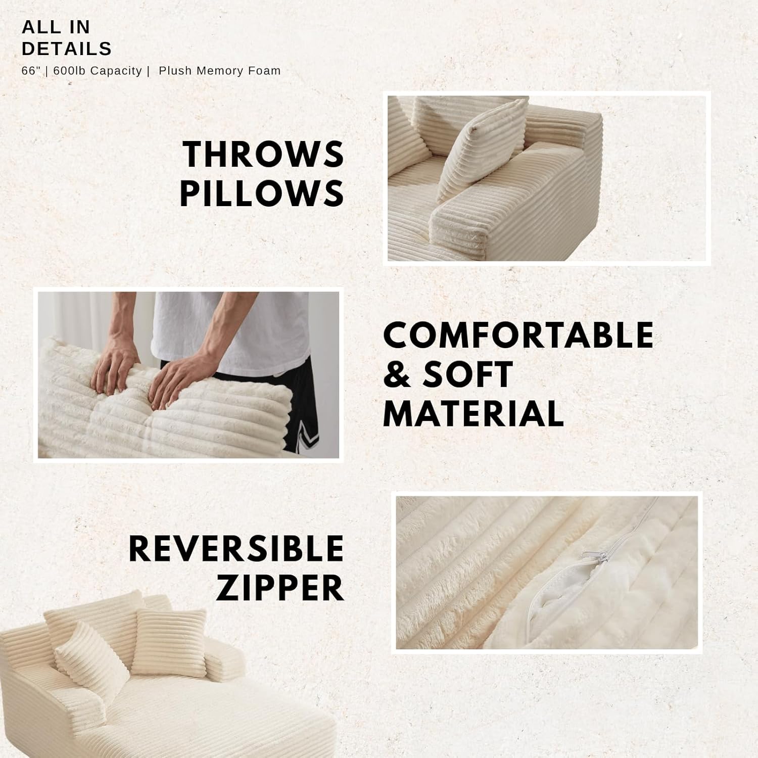 Alpen 66" Oversized Chaise Lounge, Boneless Couch Indoor, Corduroy Couch Boneless Sofa Chair for Reading with Wide Armrest and 3 Throw Pillows, No Assembly Required, Milky White