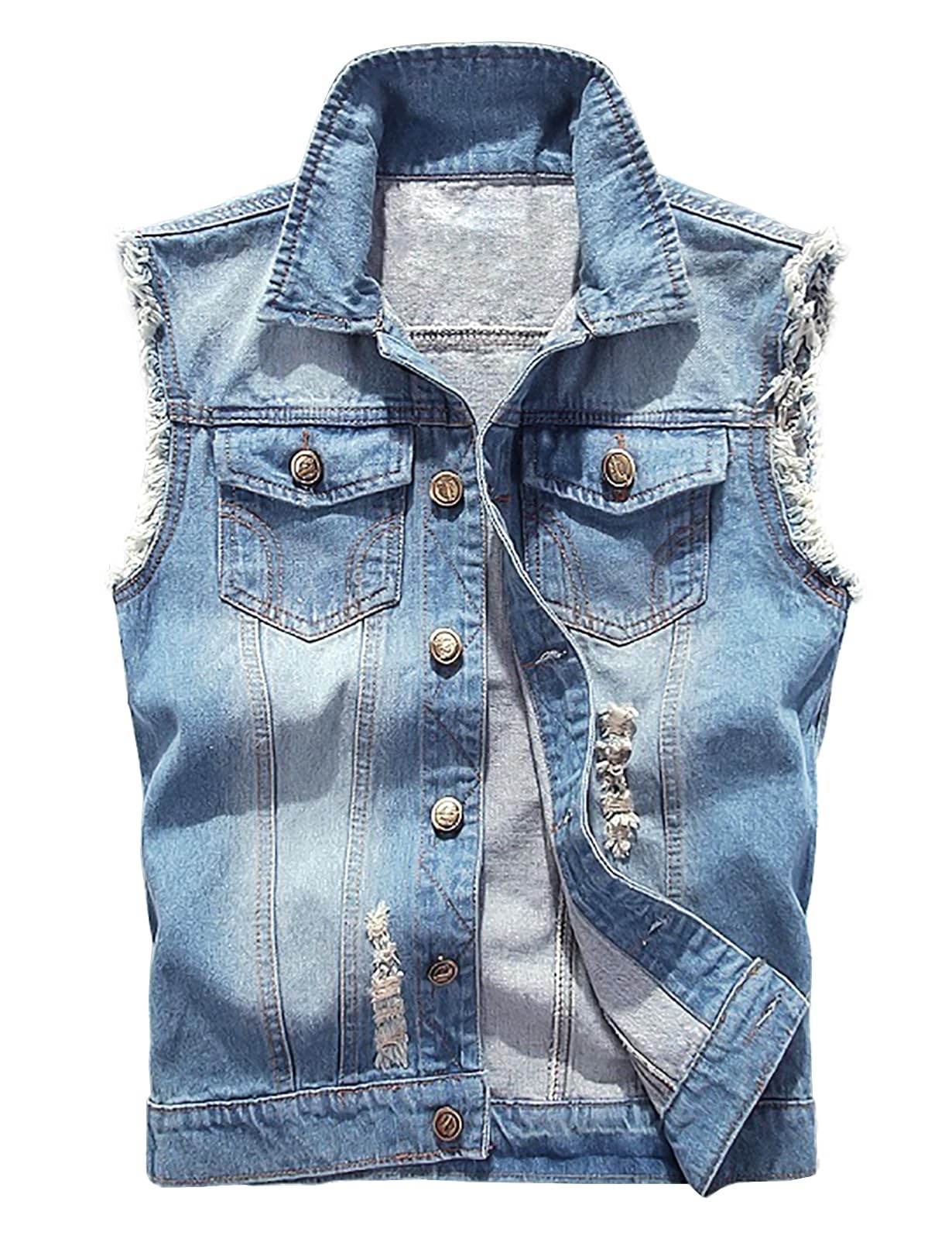 LONGBIDA Men's Denim Vest Casual Slim Fit Sleeveless Jacket Vintage Ripped Summer Jean Vests